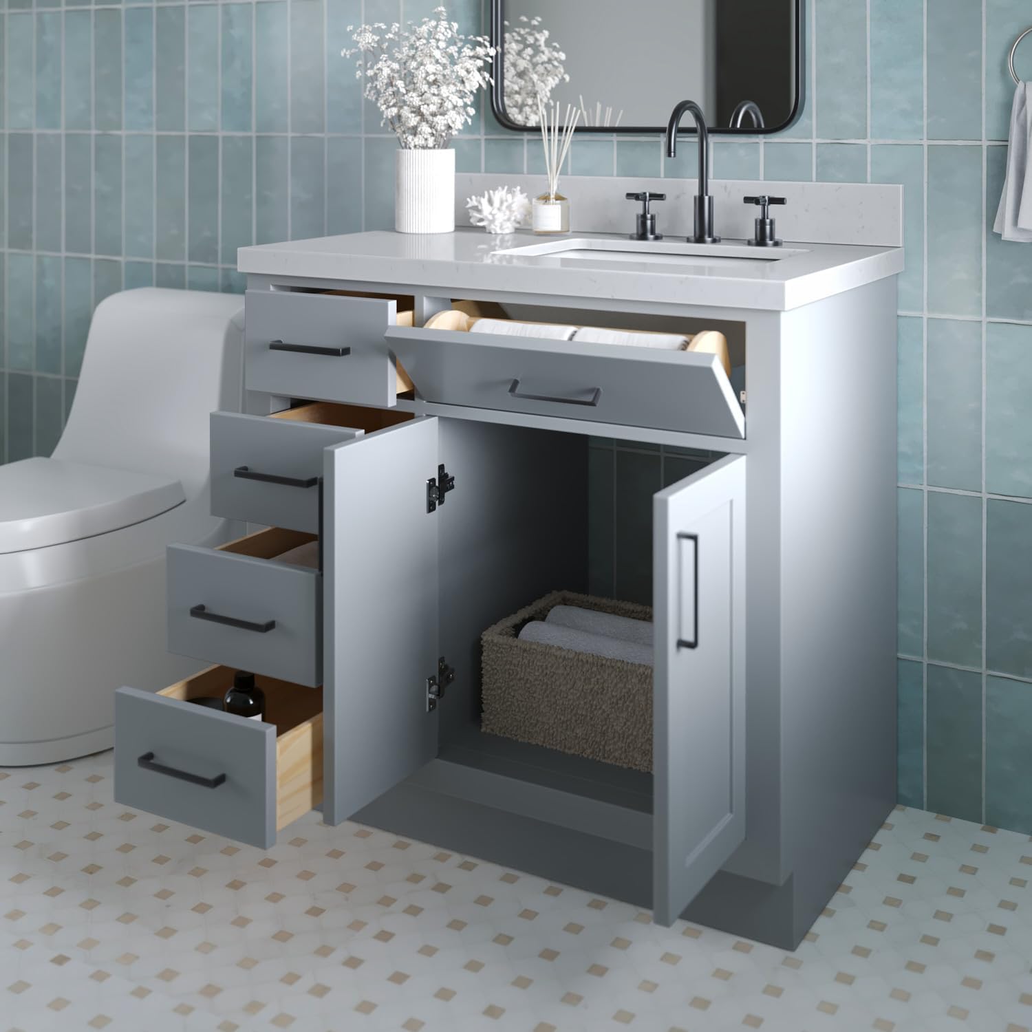 ARIEL Hepburn 36-inch Bathroom Vanity with Sink,Solid Wood, 1.5-inch Carrara White Quartz Countertop & Backsplash, Single Rectangular Porcelain Sink, 2 Soft Closing Doors, 5 Dovetail Drawers, Grey