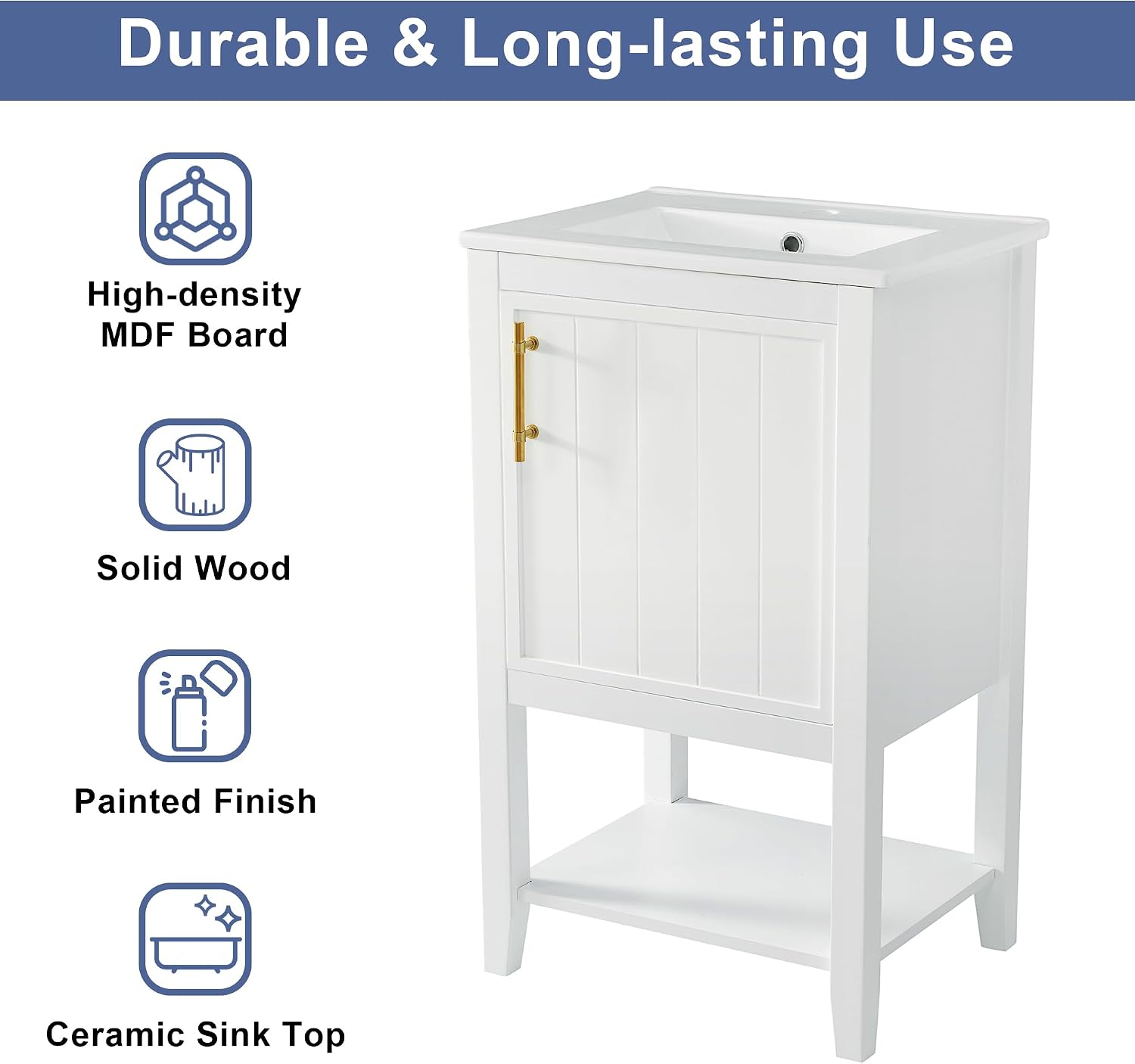 20' Bathroom Vanity Cabinet with Ceramic Sink Top Set, Freestanding, Two-Tier Storage Rack, Soft Closing Door, White