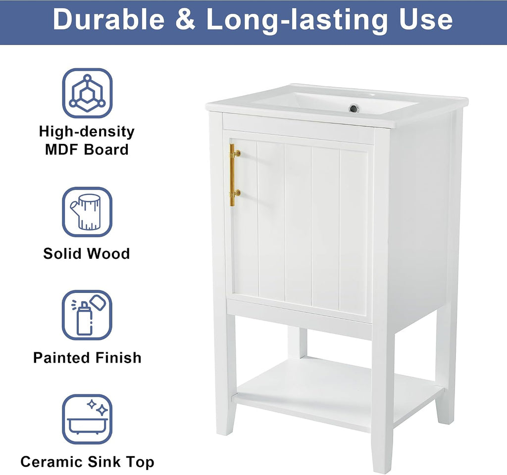 LUMISOL 20' Bathroom Vanity with Sink Top, Modern Bathroom Storage Cabinet with Soft Close Door, Storage Rack & Open Shelf, Free Standing Single Vanity with Ceramic Sink for Small Bathroom, White