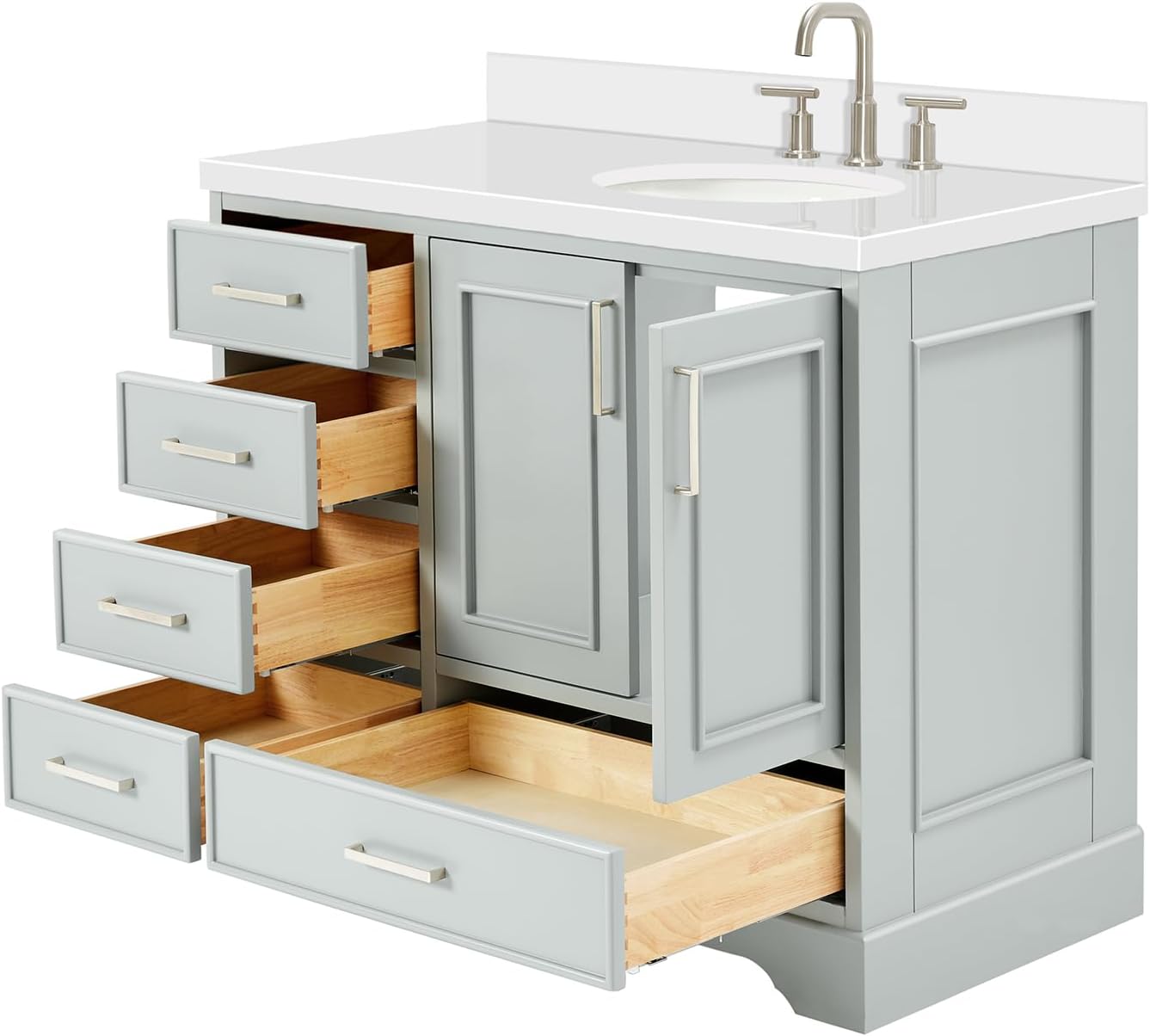 DKB Langford 42-inch Grey Bathroom Vanity with Right Oval Single Sink, Pure White Quartz Countertop & Backsplash, Solid Wood Frame, Soft-Closing & Dovetail Drawers