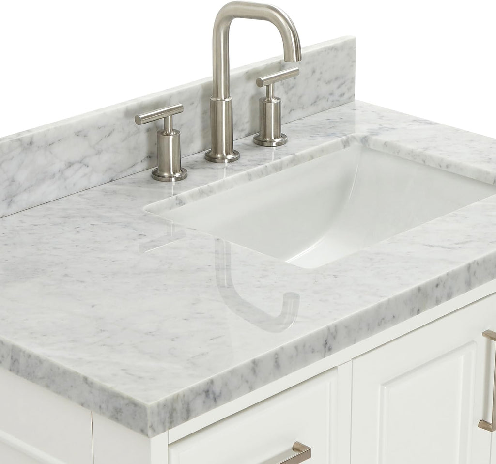 ARIEL Stafford 36-inch Bathroom Vanity with Sink,Solid Wood, 1.5-inch Italian Carrara Marble Countertop, Single Rectangular Porcelain Sink, 2 Soft Closing Doors, 5 Dovetail Drawers, White