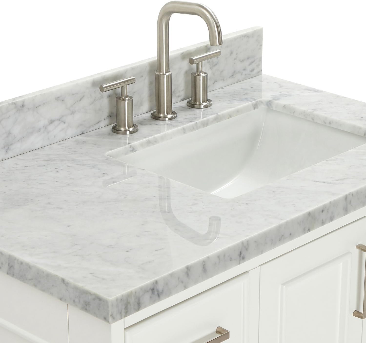 ARIEL Stafford 36-inch Bathroom Vanity with Sink,Solid Wood, 1.5-inch Italian Carrara Marble Countertop, Single Rectangular Porcelain Sink, 2 Soft Closing Doors, 5 Dovetail Drawers, White