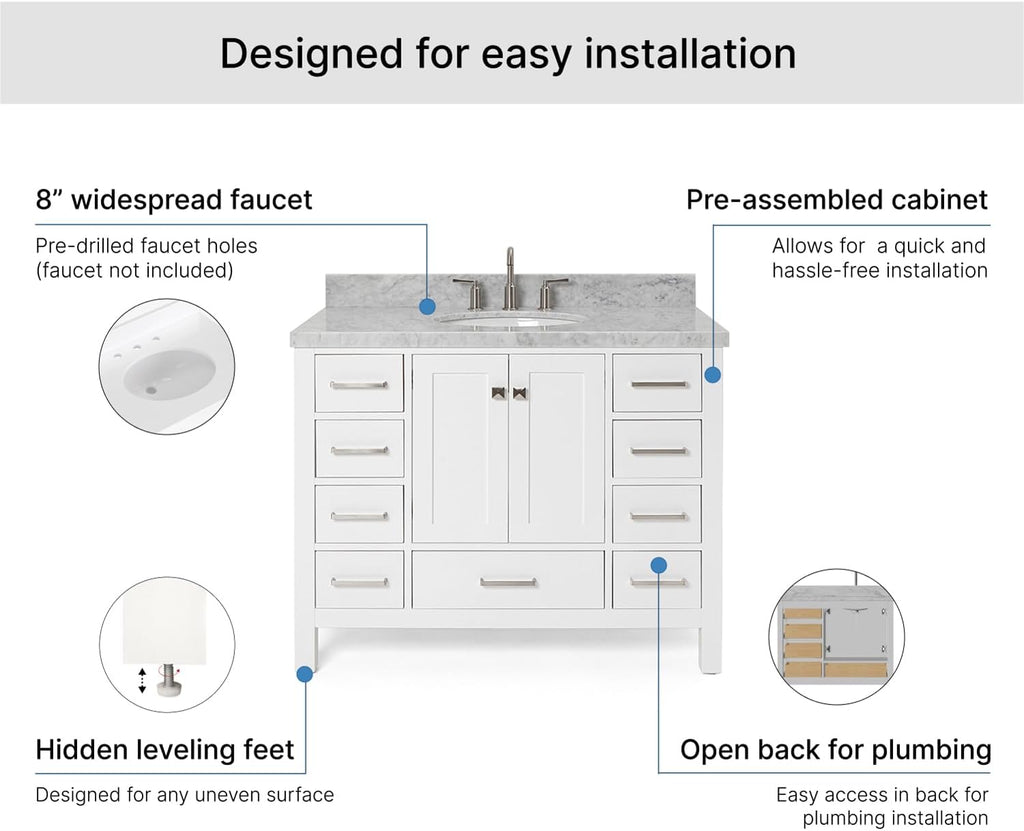 ARIEL Cambridge 42-inch Bathroom Vanity with Sink,Solid Wood, 1.5-inch Italian Carrara Marble Countertop & Backsplash, Single Oval Porcelain Sink, 2 Soft Closing Doors, 9 Dovetail Drawers, White
