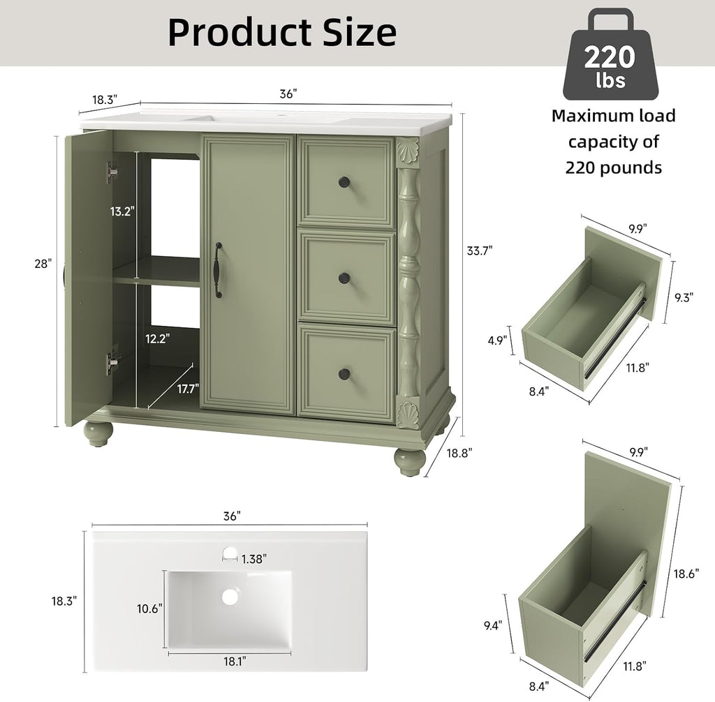 ONBRILL Bathroom Vanity with Sink Combo, Modern Bathroom Vanities with Adjustable Shelf, 4 Solid Legs, 2 Drawers, 2 Doors, Ceramic Integrated Sink, Freestanding Bath Storage Cabinet (36', Green)