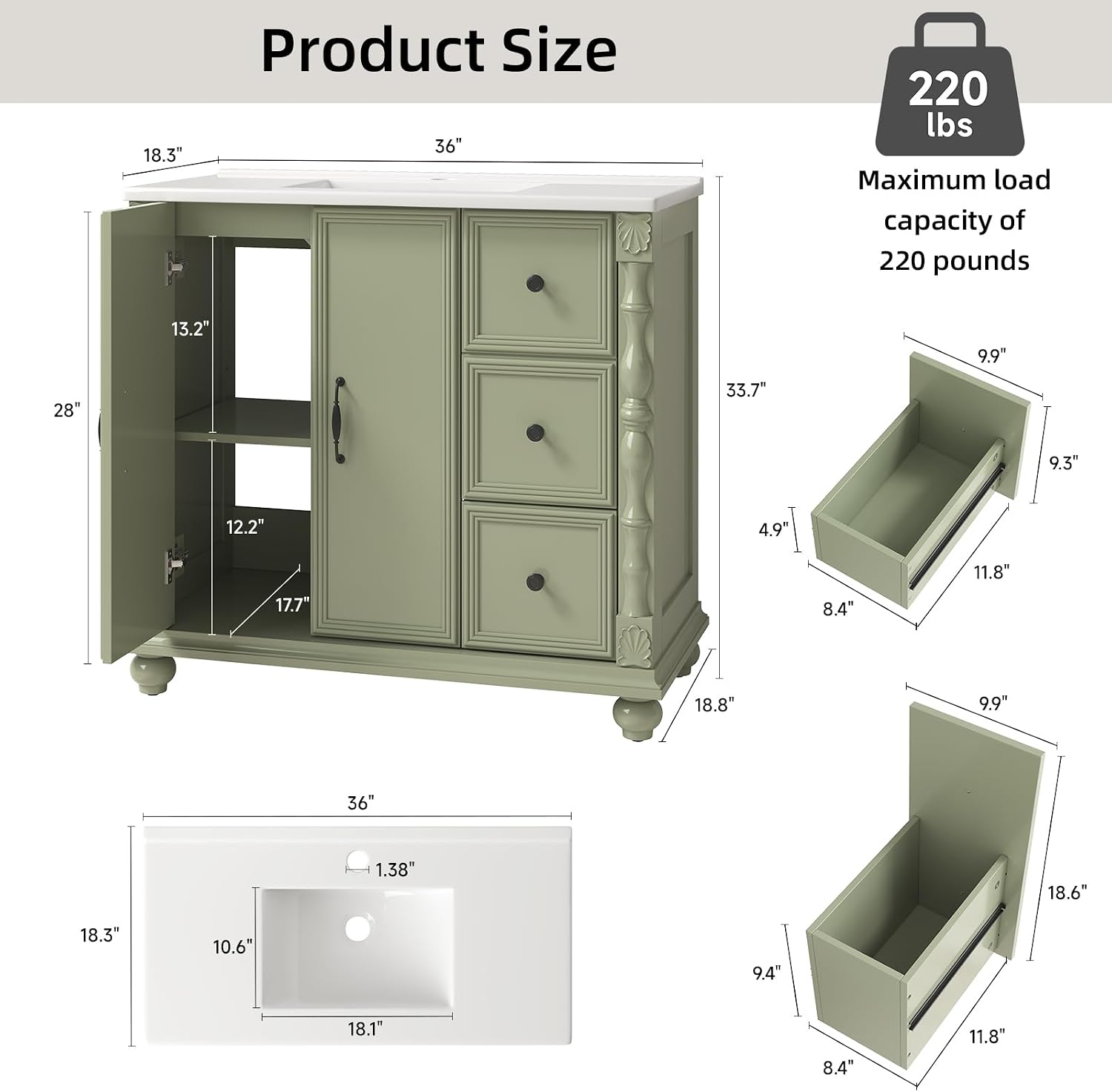 ONBRILL Bathroom Vanity with Sink Combo, Modern Bathroom Vanities with Adjustable Shelf, 4 Solid Legs, 2 Drawers, 2 Doors, Ceramic Integrated Sink, Freestanding Bath Storage Cabinet (36', Green)