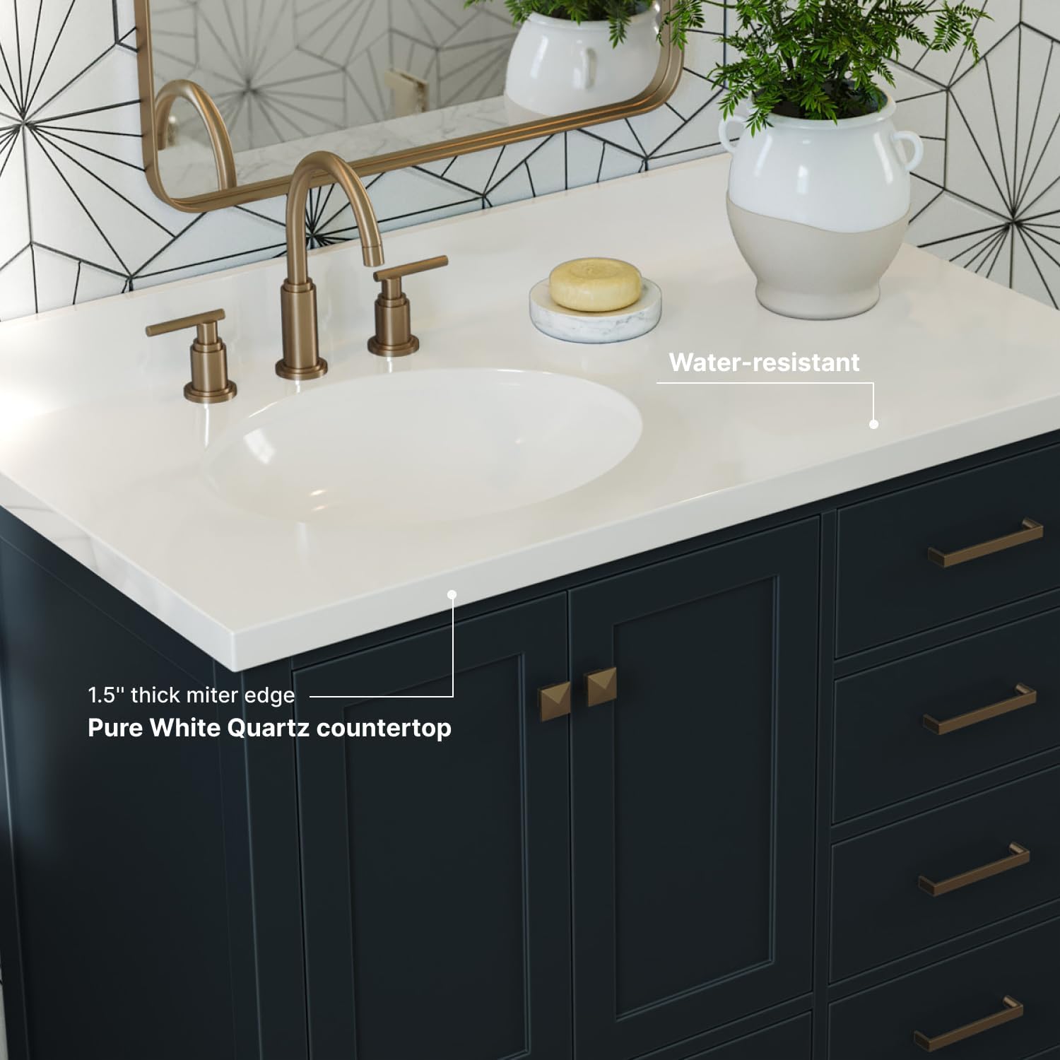 ARIEL Cambridge 42-inch Bathroom Vanity with Sink,Solid Wood, 1.5-inch Pure White Quartz Countertop & Backsplash, Single Oval Porcelain Sink, 2 Soft Closing Doors, 5 Dovetail Drawers, Midnight Blue