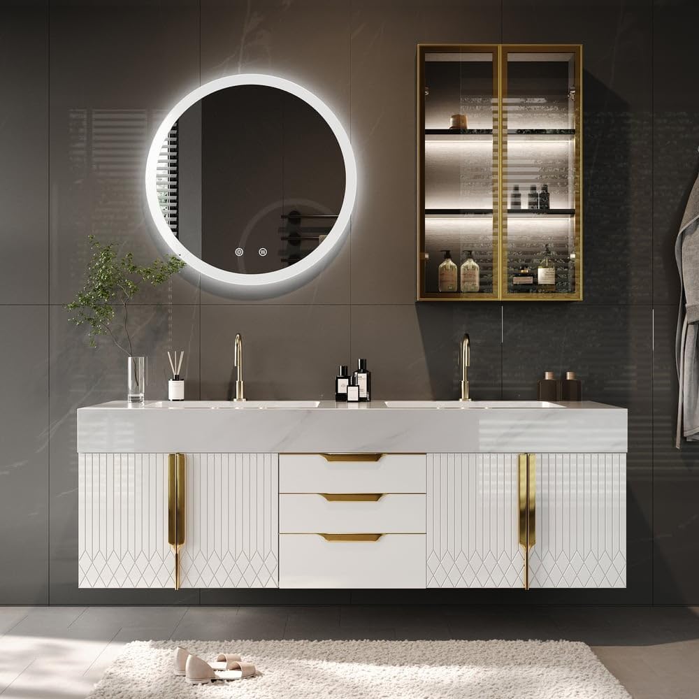 KunMai 59' White Floating Bathroom Vanity with Faux Marble Top, Double Ceramic Vessel Sinks, Wall-Mounted Design, 3 Drawers for Storage, Modern Bathroom Cabinet with Gold Hardware Finish