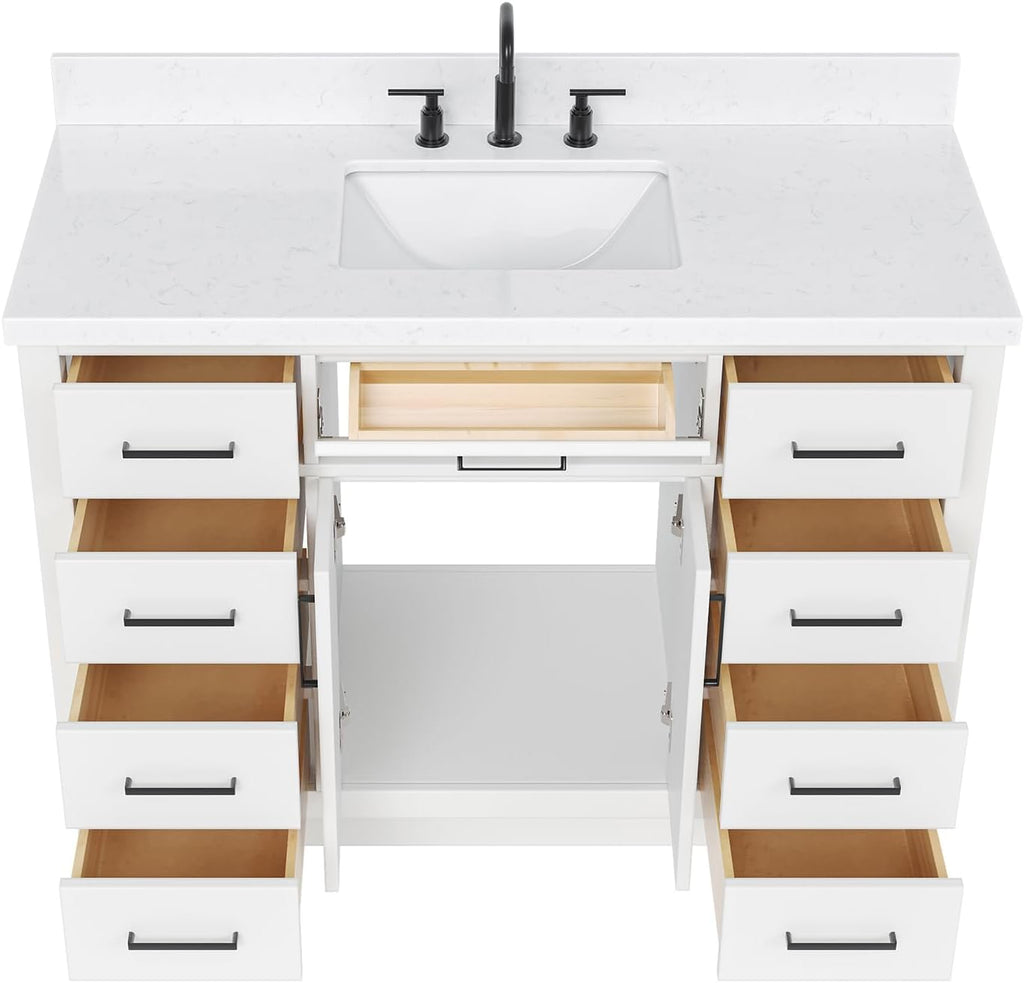 ARIEL Hepburn 48-inch Bathroom Vanity with Sink,Solid Wood, 1.5-inch Carrara White Quartz Countertop & Backsplash, Single Rectangular Porcelain Sink, 2 Soft Closing Doors, 9 Dovetail Drawers, White