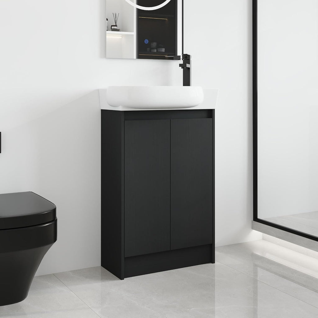Malwee 23 Inch Freestanding Bathroom Vanity with Sink, 23'' Floor Stand Single Sink Bathroom Vanity Combo, Modern Black Cabinet Set with 2 Doors and Ceramics Basin Top, Ajustable Shelf.MA02923BCT