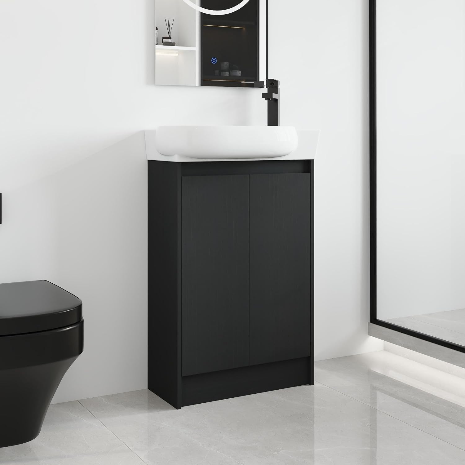 Malwee 23 Inch Freestanding Bathroom Vanity with Sink, 23'' Floor Stand Single Sink Bathroom Vanity Combo, Modern Black Cabinet Set with 2 Doors and Ceramics Basin Top, Ajustable Shelf.MA02923BCT