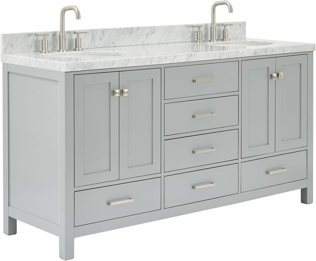 ARIEL Cambridge 66-inch Bathroom Vanity with Sink,Solid Wood, 1.5-inch Italian Carrara Marble Countertop & Backsplash, Double Oval Porcelain Sink, 4 Soft Closing Doors, 6 Dovetail Drawers, Grey