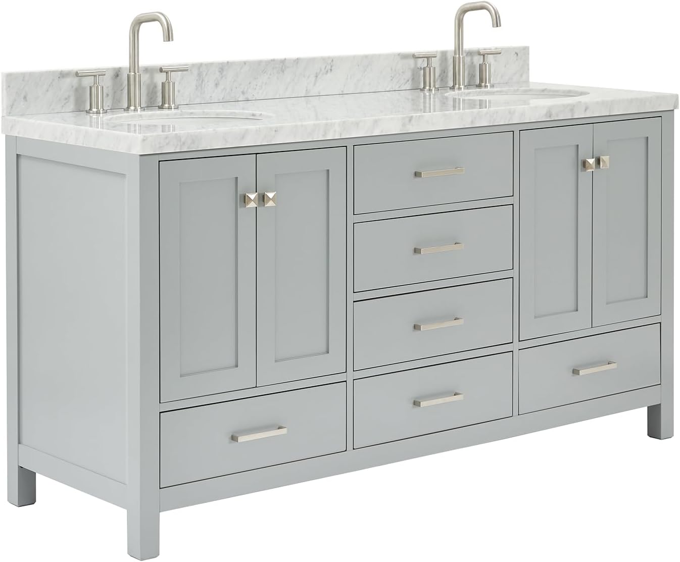 ARIEL Cambridge 66-inch Bathroom Vanity with Sink,Solid Wood, 1.5-inch Italian Carrara Marble Countertop & Backsplash, Double Oval Porcelain Sink, 4 Soft Closing Doors, 6 Dovetail Drawers, Grey
