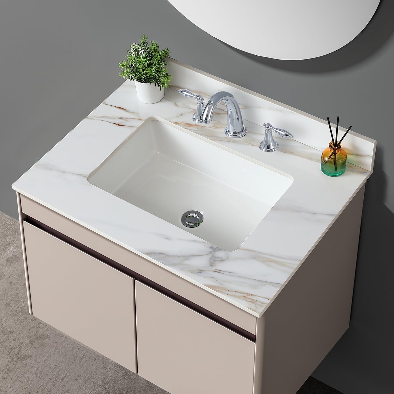 31' Bathroom Vanity Top with Ceramic Undermount Sink & Backsplash,Calacatta Gold Sintered Stone Counter Top, 3 Holes Vanity Sink Top