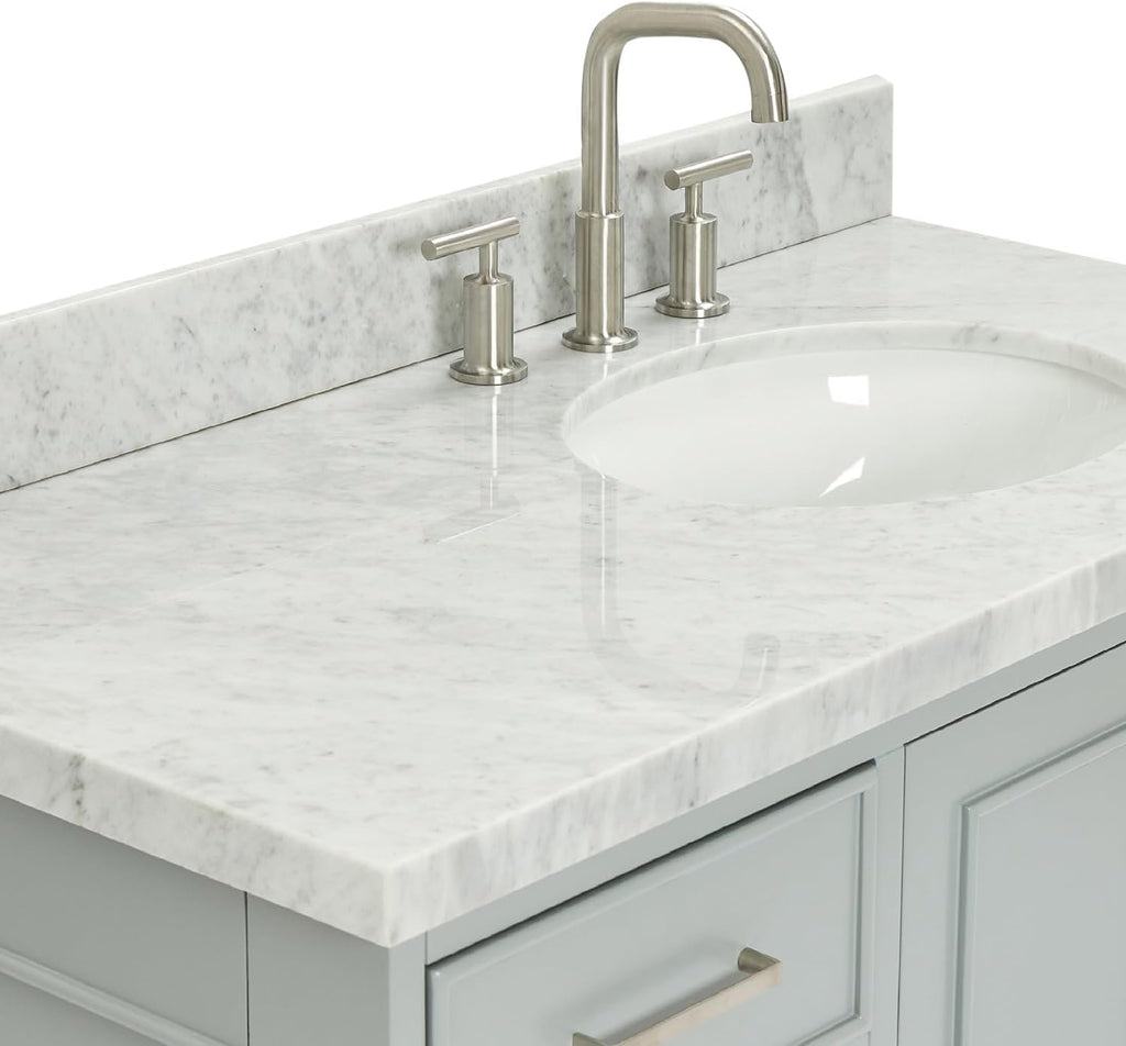 DKB Langford 42-inch Grey Bathroom Vanity with Right Oval Single Sink, Italian Carrara Marble Countertop & Backsplash, Solid Wood Frame, Soft-Closing & Dovetail Drawers