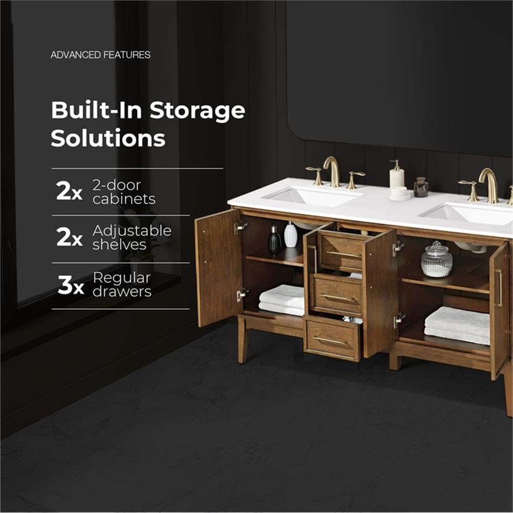 Pemberly Row 60' Bathroom Vanity, Warm Walnut Finish, White Engineered Stone Countertop, Double Undermount Sinks, Solid Wood Frame, Ample Storage, Premium Hardware, Modern Style for Master Bathrooms