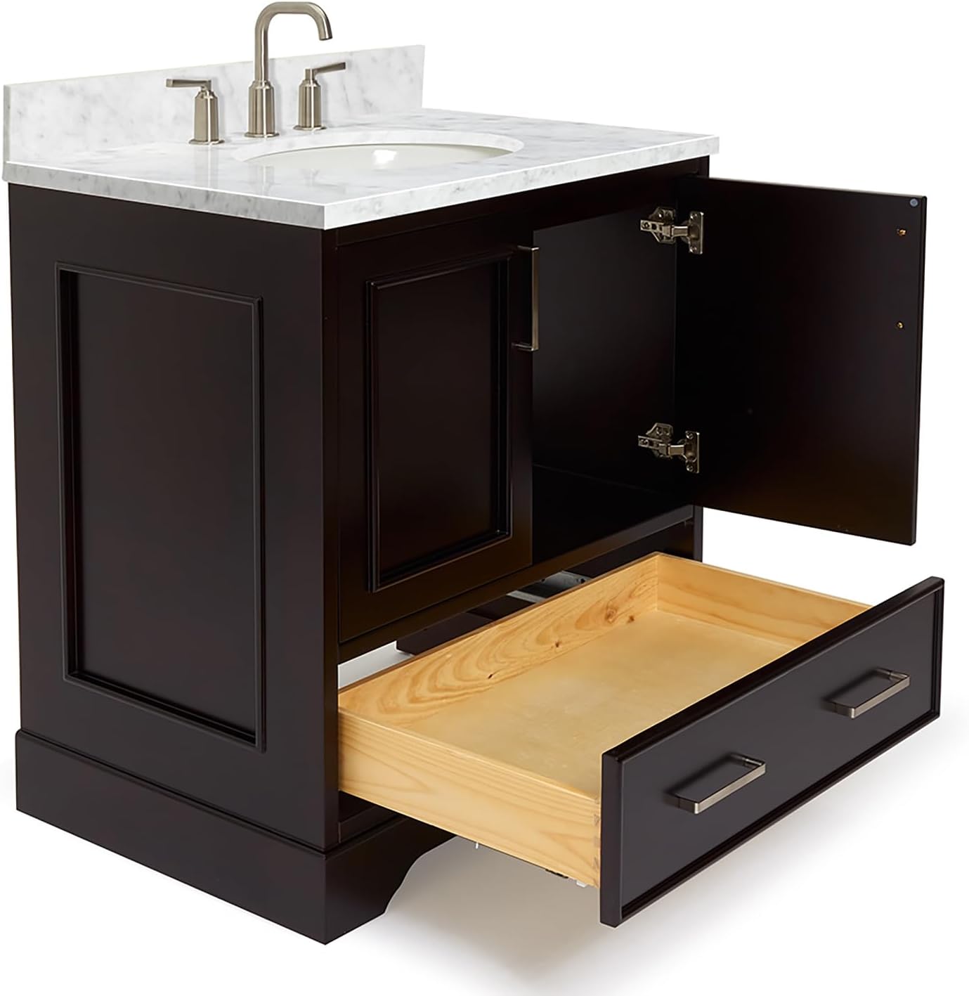 ARIEL Stafford 30-inch Bathroom Vanity with Sink,Solid Wood, 0.75-inch Italian Carrara Marble Countertop & Backsplash, Single Oval Porcelain Sink, 2 Soft Closing Doors, 1 Dovetail Drawers, Espresso