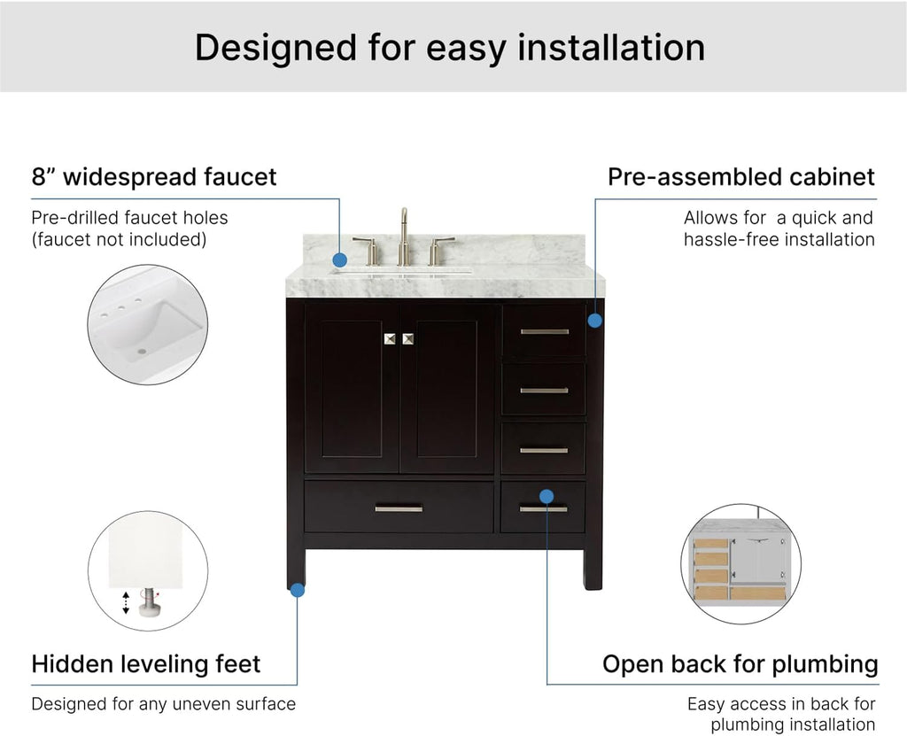 ARIEL Cambridge 36-inch Bathroom Vanity with Sink,Solid Wood, 2-inch Italian Carrara Marble Countertop, Single Rectangular Porcelain Sink, 2 Soft Closing Doors, 5 Dovetail Drawers, Espresso
