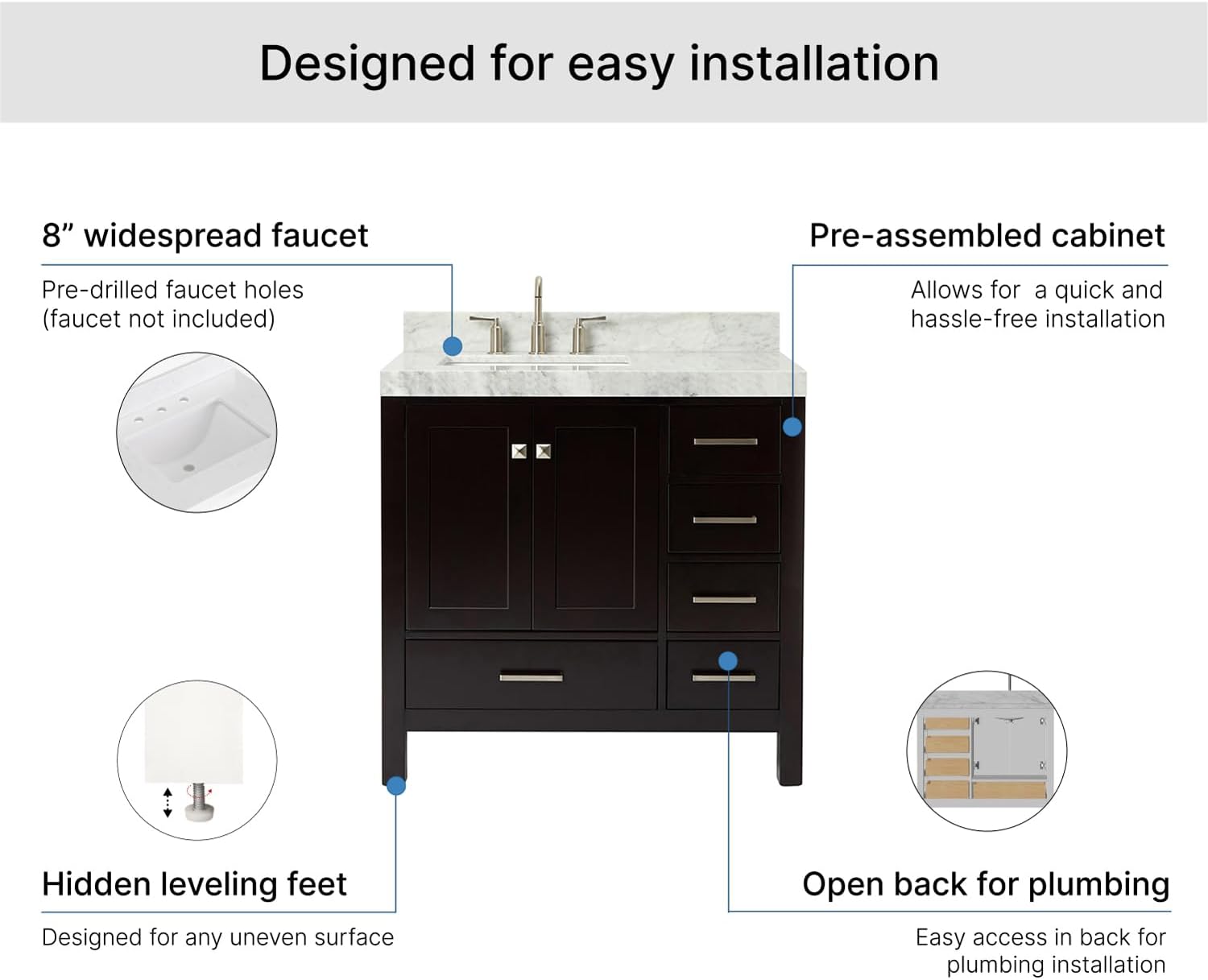 ARIEL Cambridge 36-inch Bathroom Vanity with Sink,Solid Wood, 2-inch Italian Carrara Marble Countertop, Single Rectangular Porcelain Sink, 2 Soft Closing Doors, 5 Dovetail Drawers, Espresso