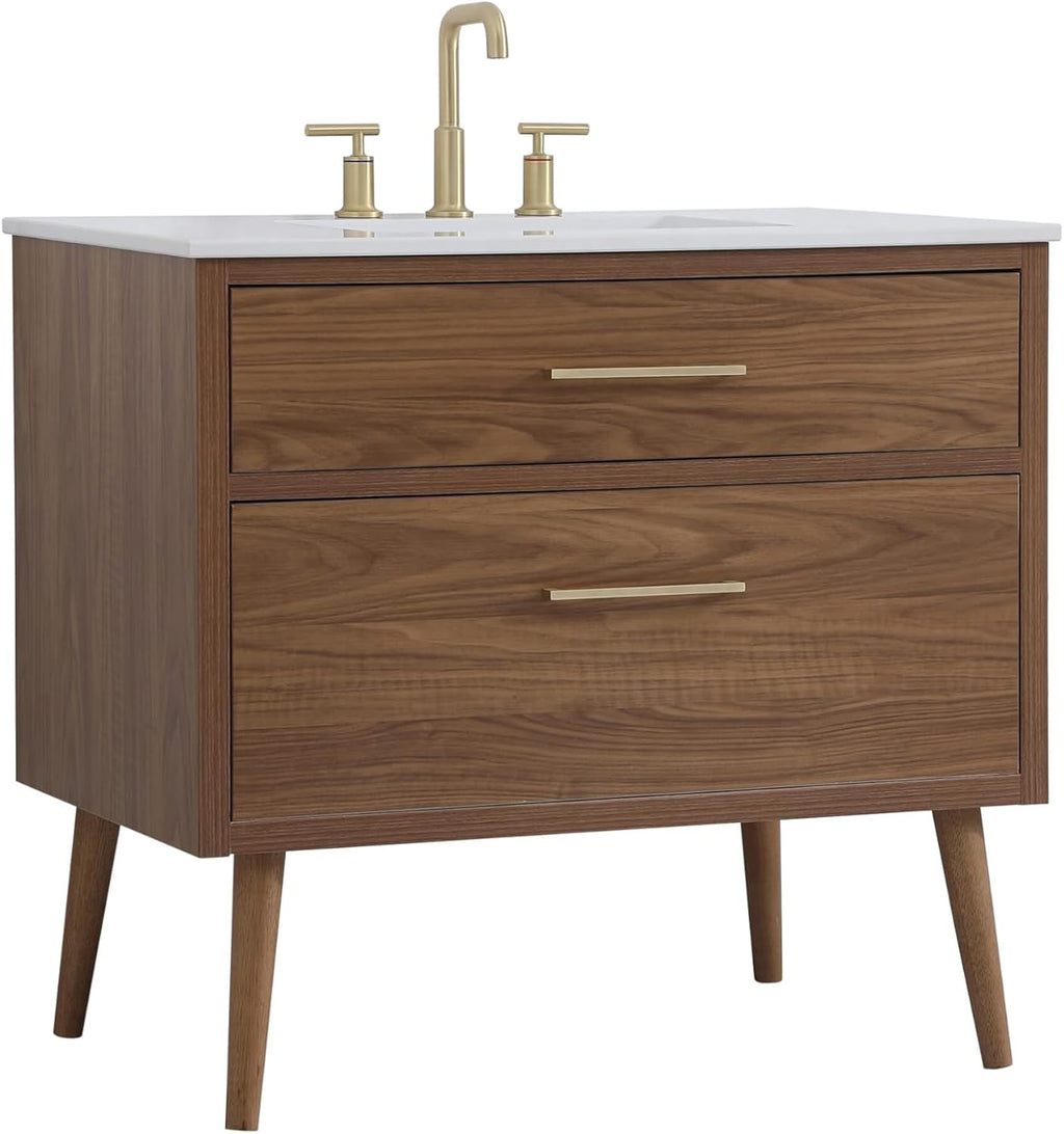 36' Pre-Assembled Bathroom Vanity with Sink, Engineered Wood, Ivory White Engineered Marble Countertop Attached, Single Rectangle Porcelain Sink, 2 Soft-Close Drawers, Walnut Brown
