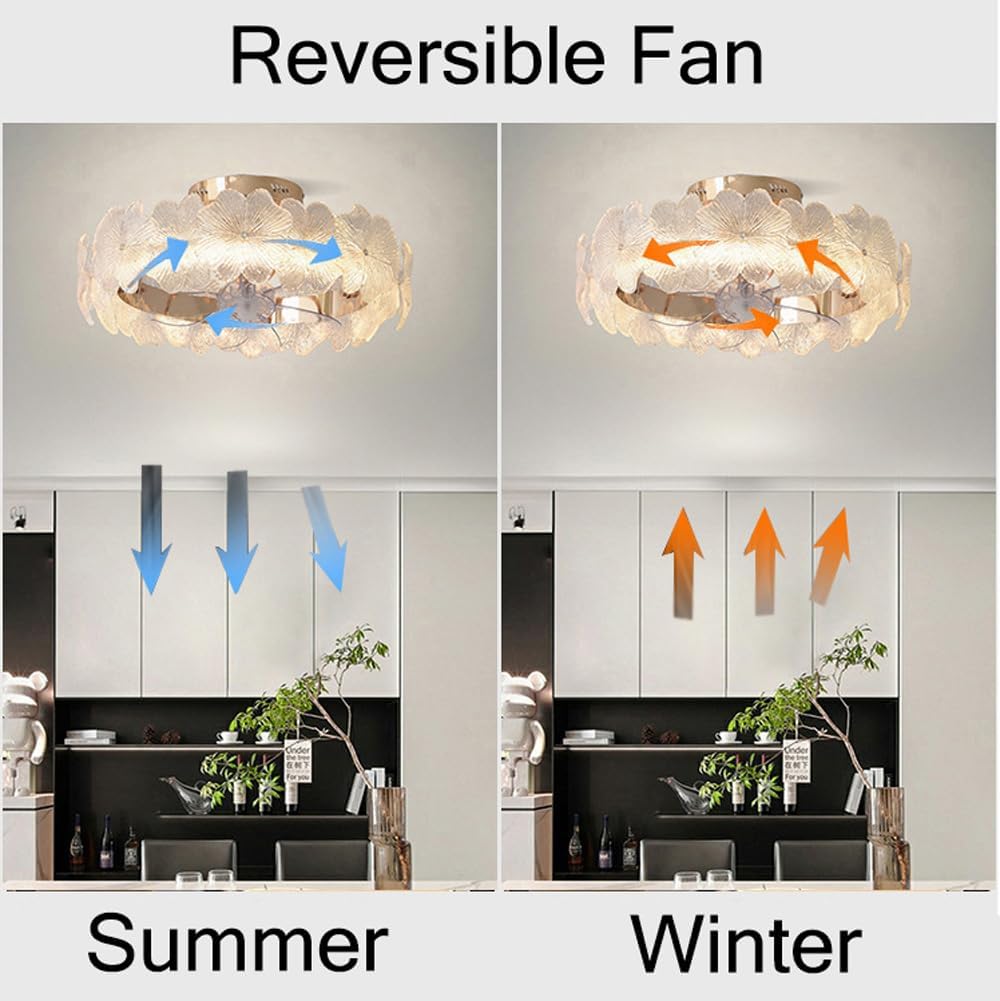 Glass Flower Ceiling Fan with Lights Remote Control 360° Rotating Ceiling Fan Light Invisible Reversible Blades Dimmable LED Fan Lamp for Girls Bedroom Kids Room Children Kitchen