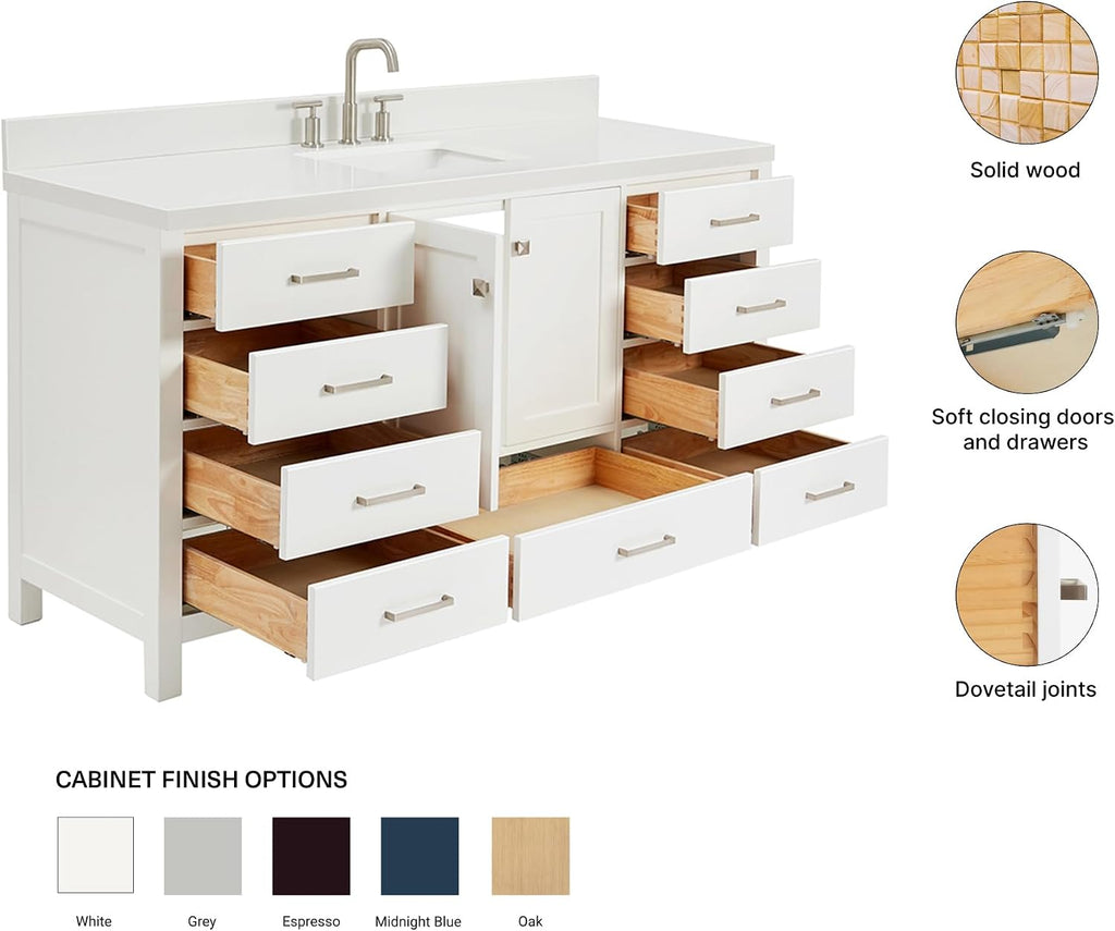 ARIEL Cambridge 66-inch Bathroom Vanity with Sink,Solid Wood, 1.5-inch Pure White Quartz Countertop & Backsplash, Single Rectangular Porcelain Sink, 2 Soft Closing Doors, 9 Dovetail Drawers, White