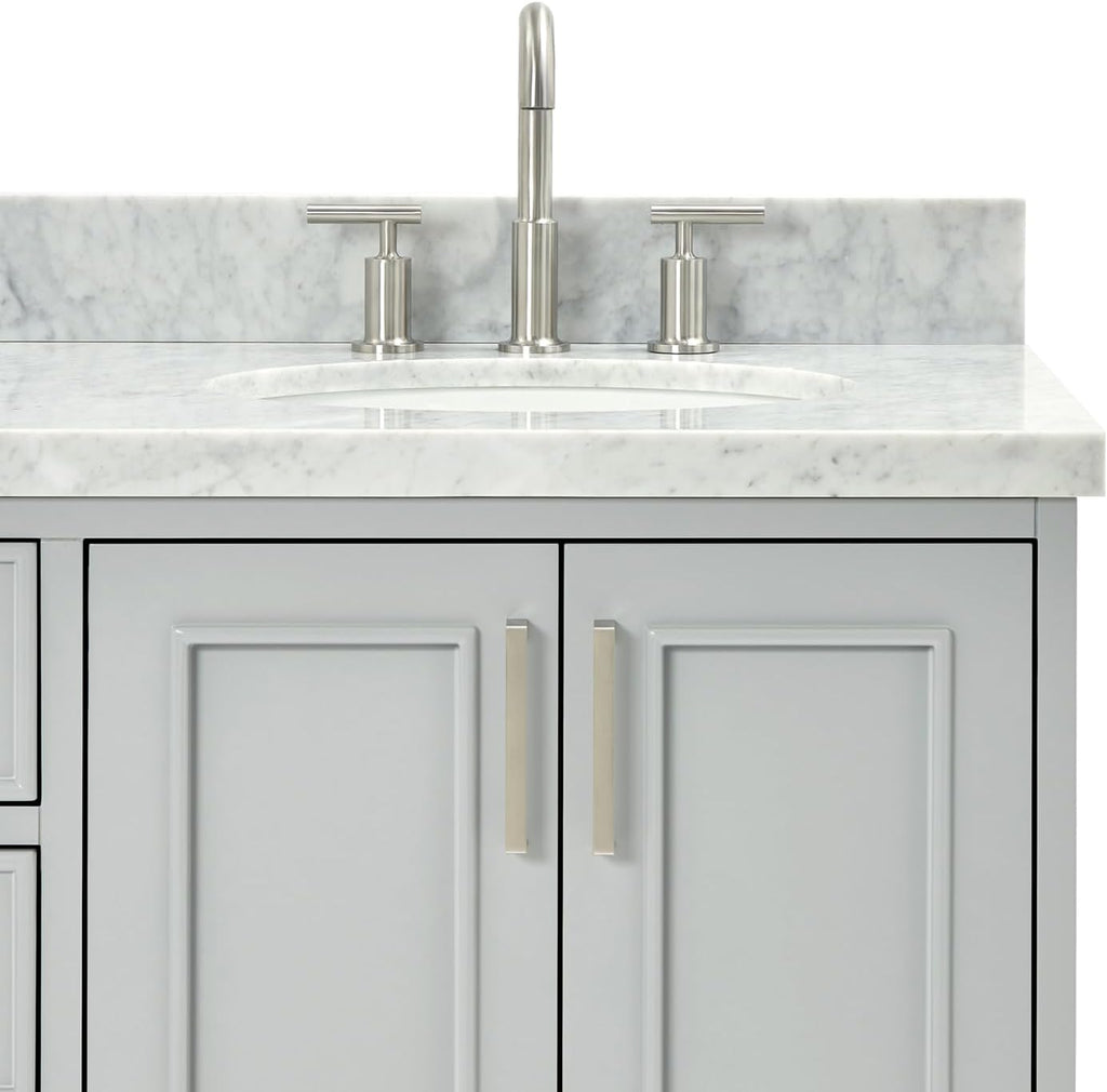 ARIEL Stafford 60-inch Bathroom Vanity with Sink,Solid Wood, 1.5-inch Italian Carrara Marble Countertop & Backsplash, Double Oval Porcelain Sink, 4 Soft Closing Doors, 6 Dovetail Drawers, Grey