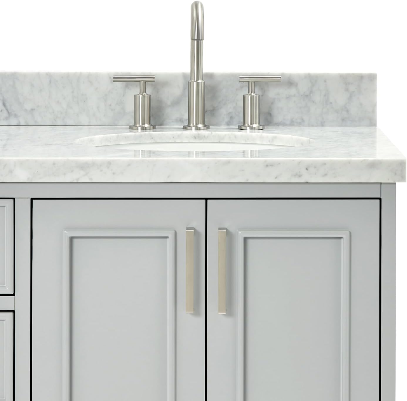 ARIEL Stafford 60-inch Bathroom Vanity with Sink,Solid Wood, 1.5-inch Italian Carrara Marble Countertop & Backsplash, Double Oval Porcelain Sink, 4 Soft Closing Doors, 6 Dovetail Drawers, Grey