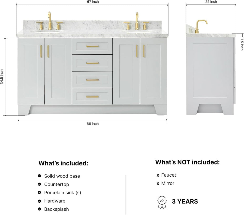 DKB Emilia 66' Grey Double Bathroom Vanity with Sink, 1.5' Edge Italian Carrara Marble Countertop, Oval Undermount Sinks, 4 Soft Closing Doors, 6 Full Extension Dovetail Drawers, Satin Brass