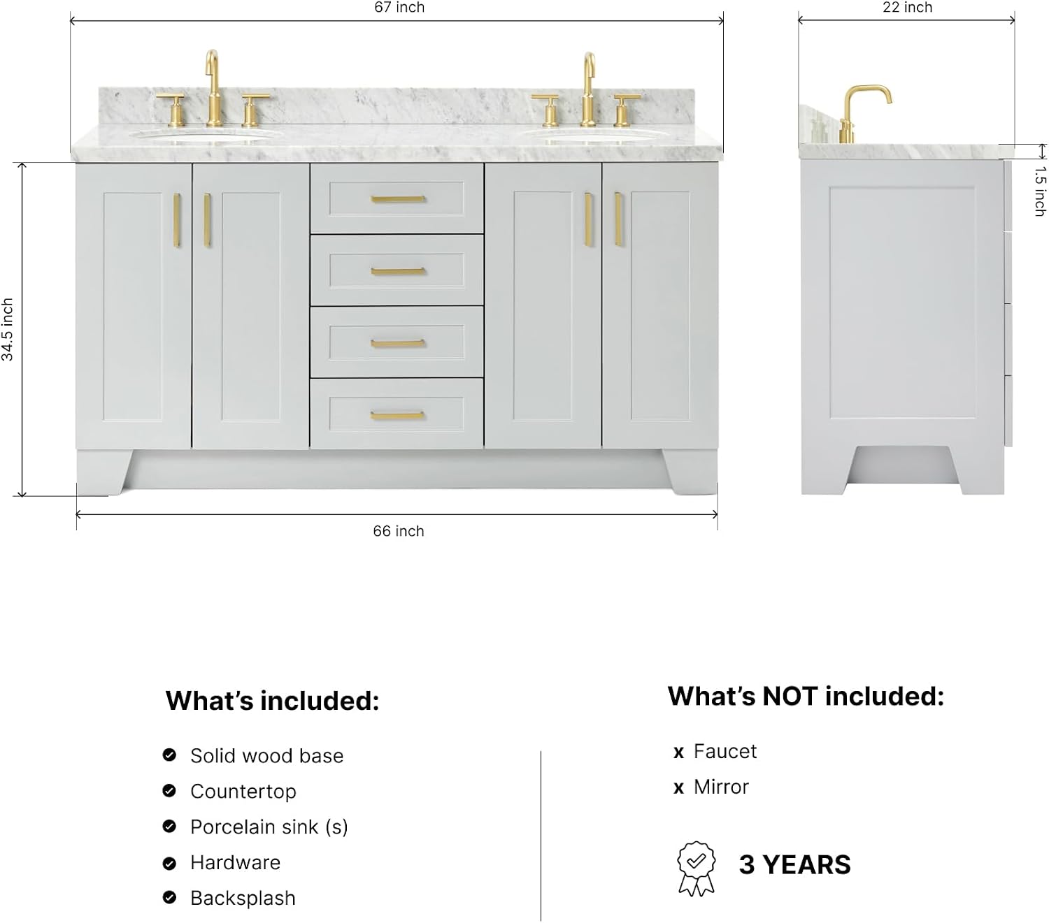 DKB Emilia 66' Grey Double Bathroom Vanity with Sink, 1.5' Edge Italian Carrara Marble Countertop, Oval Undermount Sinks, 4 Soft Closing Doors, 6 Full Extension Dovetail Drawers, Satin Brass