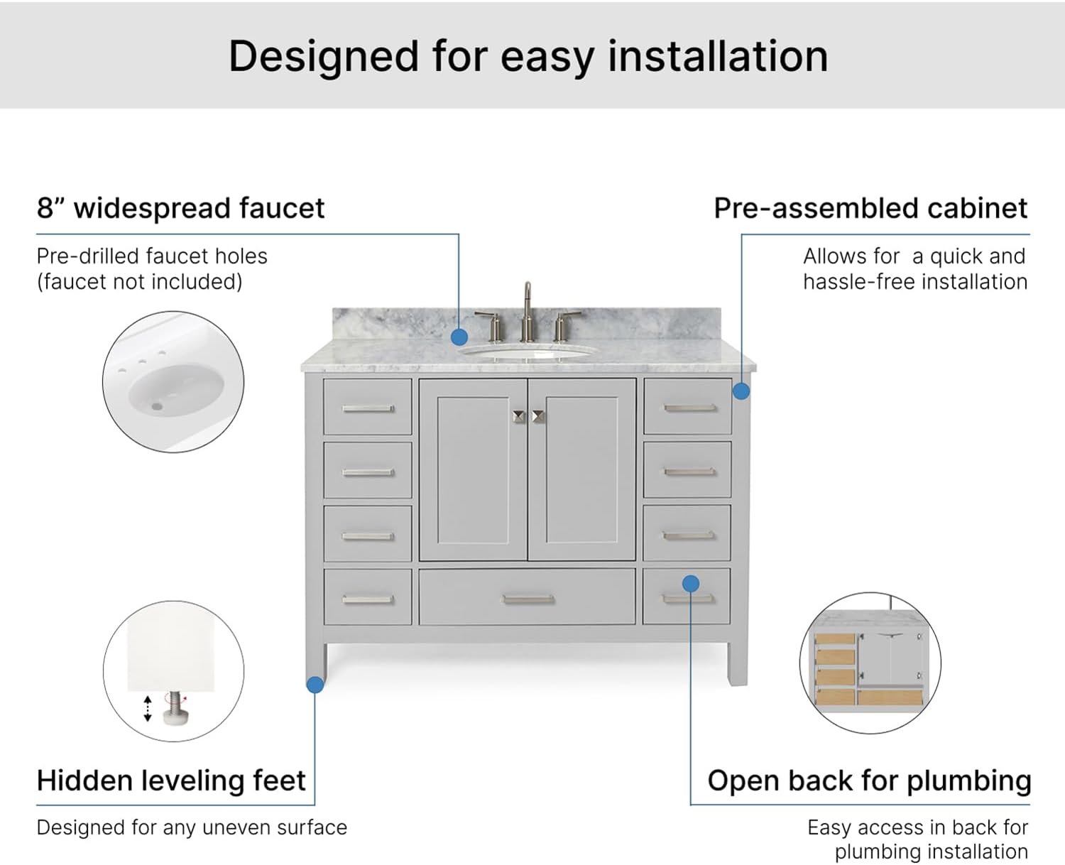 ARIEL Cambridge 48-inch Bathroom Vanity with Sink,Solid Wood, 0.75-inch Italian Carrara Marble Countertop & Backsplash, Single Oval Porcelain Sink, 2 Soft Closing Doors, 9 Dovetail Drawers, Grey