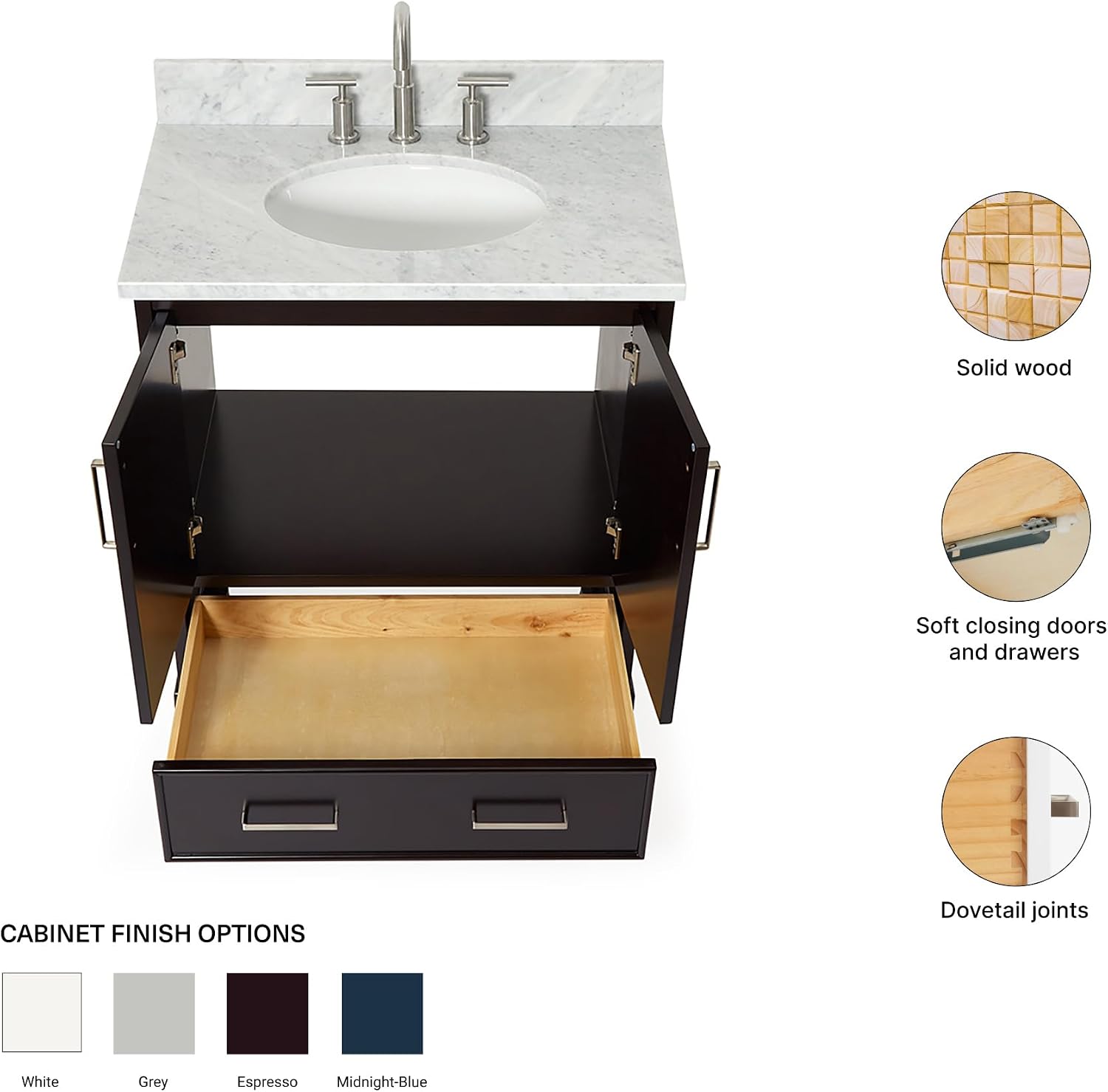ARIEL Stafford 30-inch Bathroom Vanity with Sink,Solid Wood, 0.75-inch Italian Carrara Marble Countertop & Backsplash, Single Oval Porcelain Sink, 2 Soft Closing Doors, 1 Dovetail Drawers, Espresso