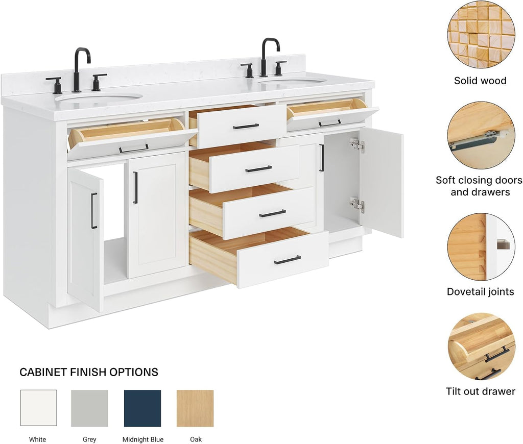 ARIEL Hepburn 72-inch Bathroom Vanity with Sink,Solid Wood, 1.5-inch Carrara White Quartz Countertop & Backsplash, Double Oval Porcelain Sink, 4 Soft Closing Doors, 6 Dovetail Drawers, White