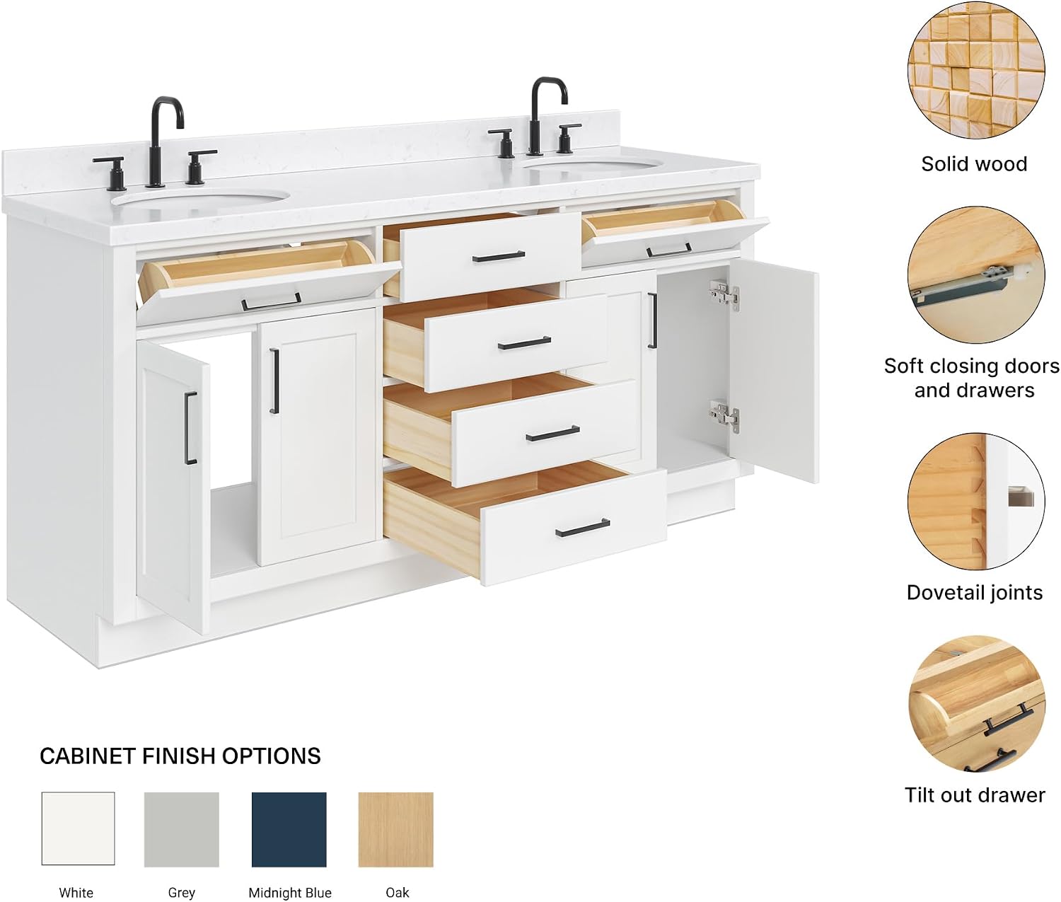ARIEL Hepburn 72-inch Bathroom Vanity with Sink,Solid Wood, 1.5-inch Carrara White Quartz Countertop & Backsplash, Double Oval Porcelain Sink, 4 Soft Closing Doors, 6 Dovetail Drawers, White