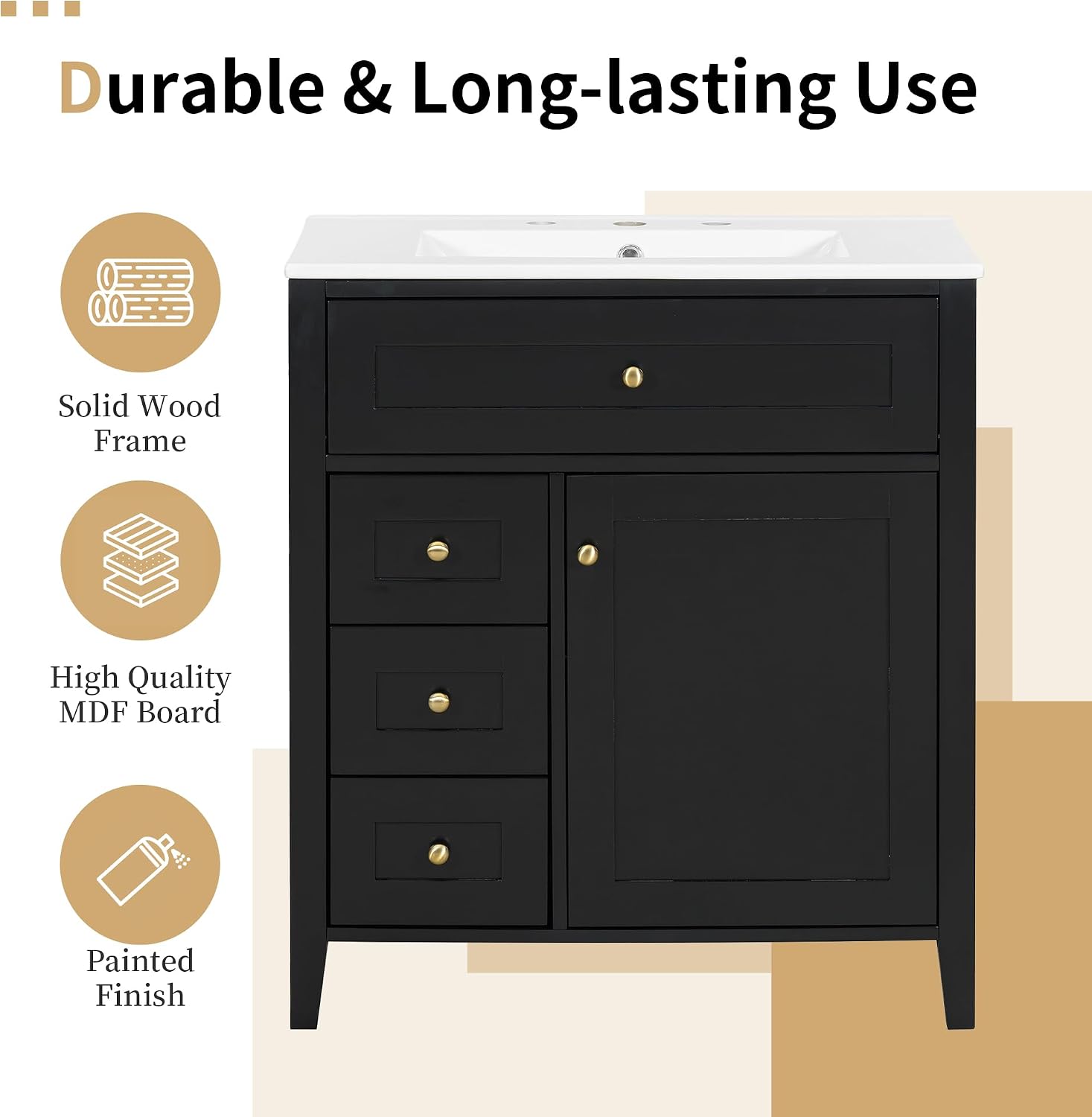30-inch Bathroom Vanity with Sink Combo, Free-Standing Single Storage Cabinet with Tilt-Out Drawer, 3 Drawers, Adjustable Shelf & Storage Rack, Vanity with Ceramic Basin for Bathroom (Black)