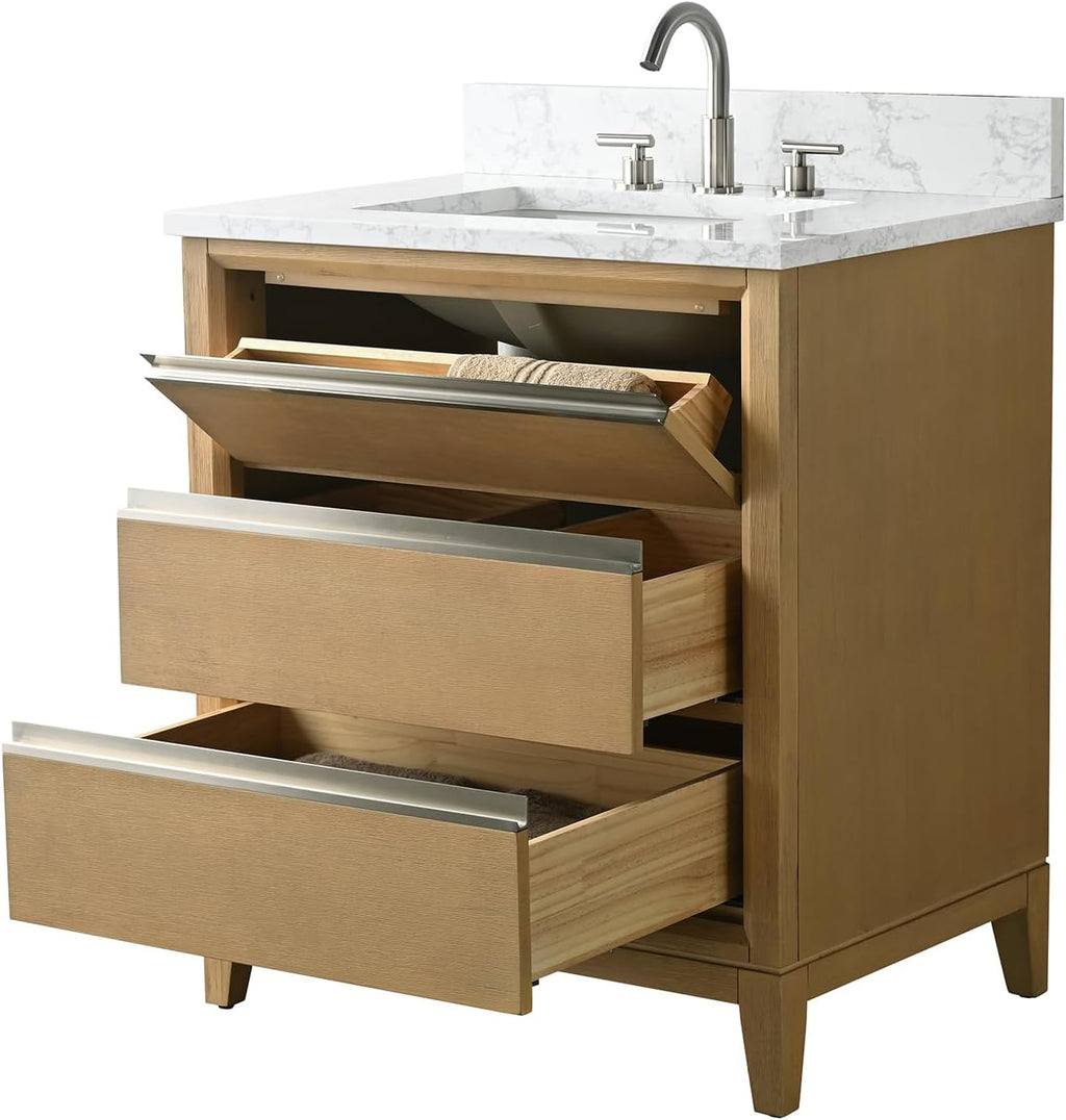 HOMEBEYOND 30 Inch Bathroom Vanity with Sink & Ceramic Top, Vanity Cabinet with Solid Wood Frame, Soft-Closing Doors, Drawers, Natural Oak