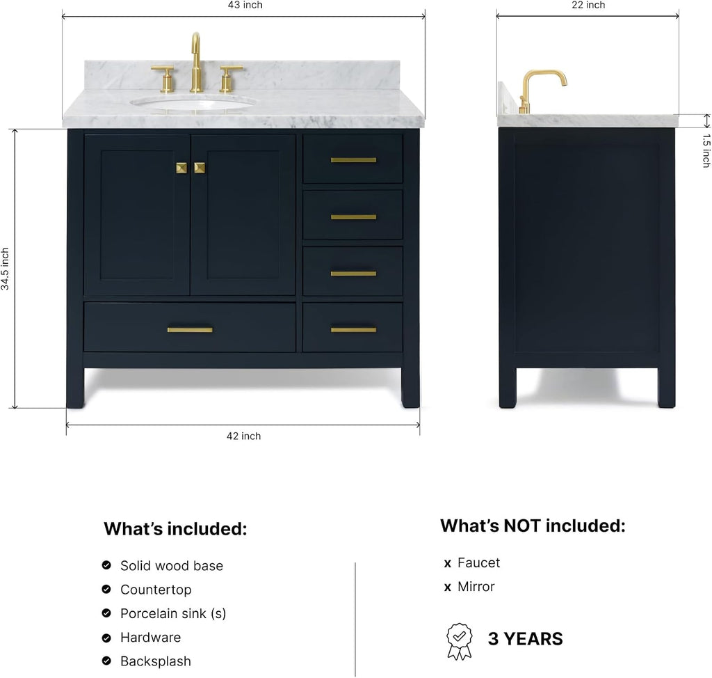 ARIEL Cambridge 42-inch Bathroom Vanity with Sink,Solid Wood, 1.5-inch Italian Carrara Marble Countertop, Single Oval Porcelain Sink, 2 Soft Closing Doors, 5 Dovetail Drawers, Midnight Blue