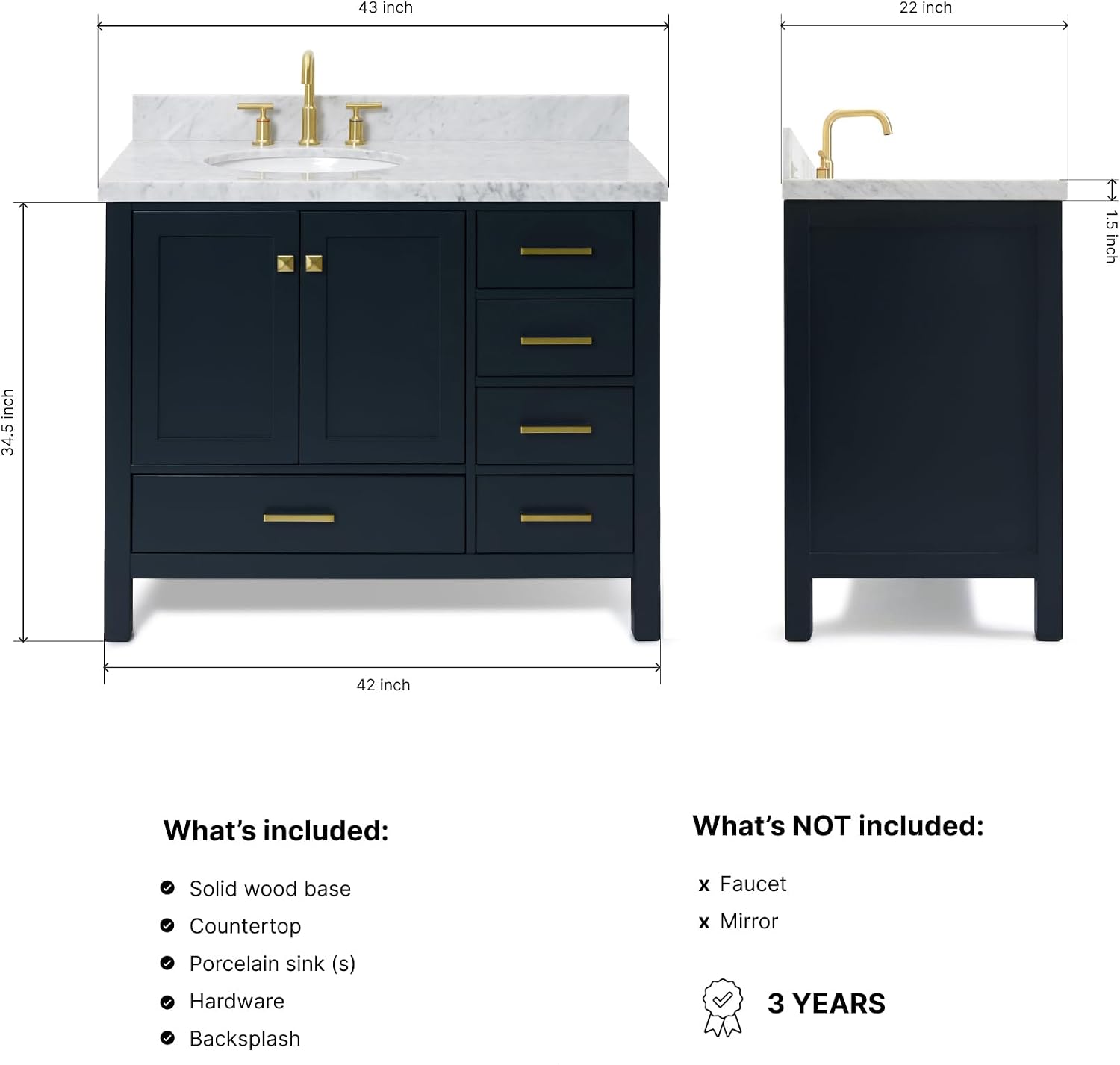 ARIEL Cambridge 42-inch Bathroom Vanity with Sink,Solid Wood, 1.5-inch Italian Carrara Marble Countertop, Single Oval Porcelain Sink, 2 Soft Closing Doors, 5 Dovetail Drawers, Midnight Blue