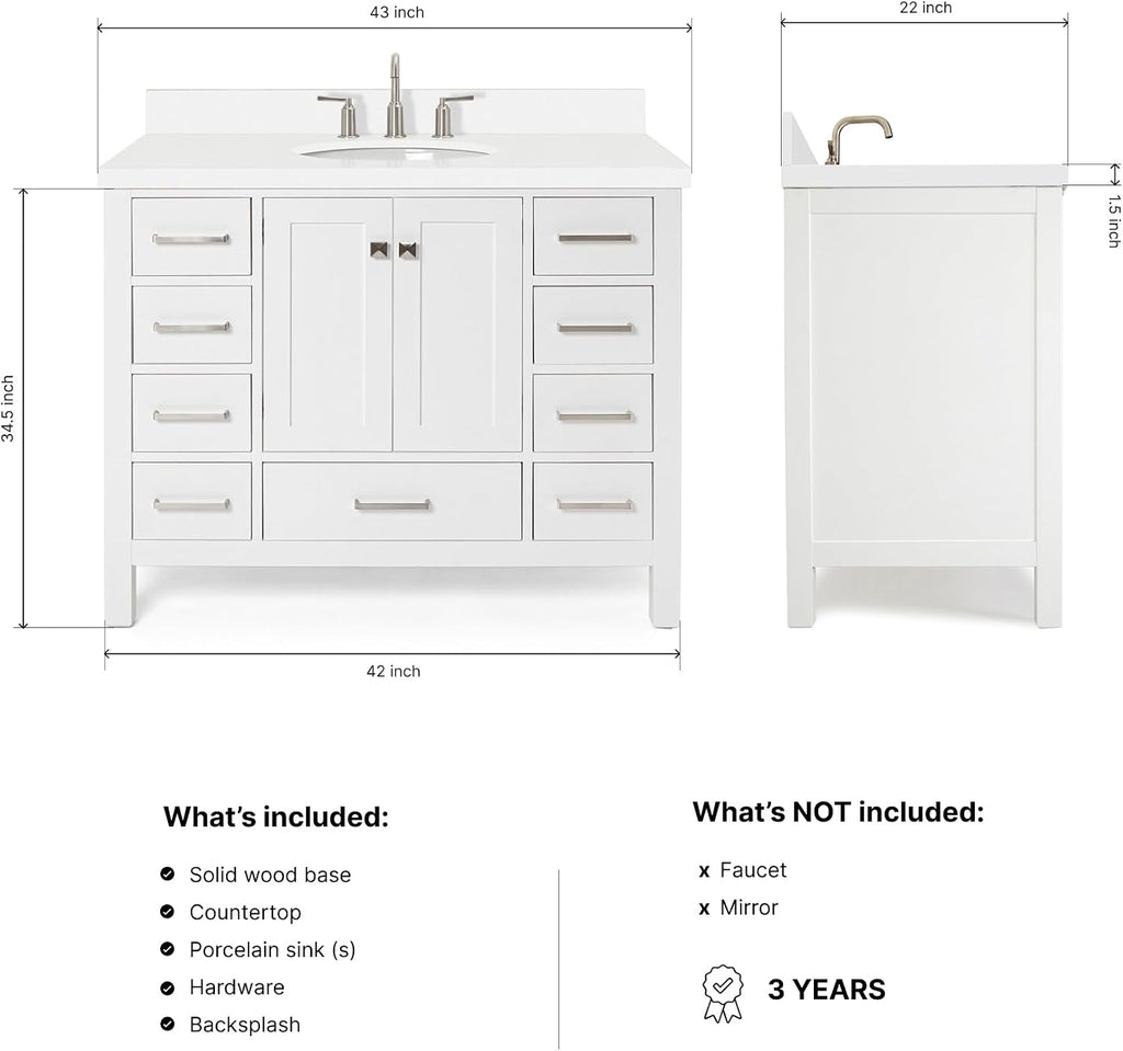 DKB Beckford 42-Inch White Bathroom Vanity with Sink, 1.5' Quartz Countertop & Backsplash, Undermount Oval Sink, 2 Soft Closing Doors & 9 Drawers, Satin Brass Hardware, Solid Wood Construction