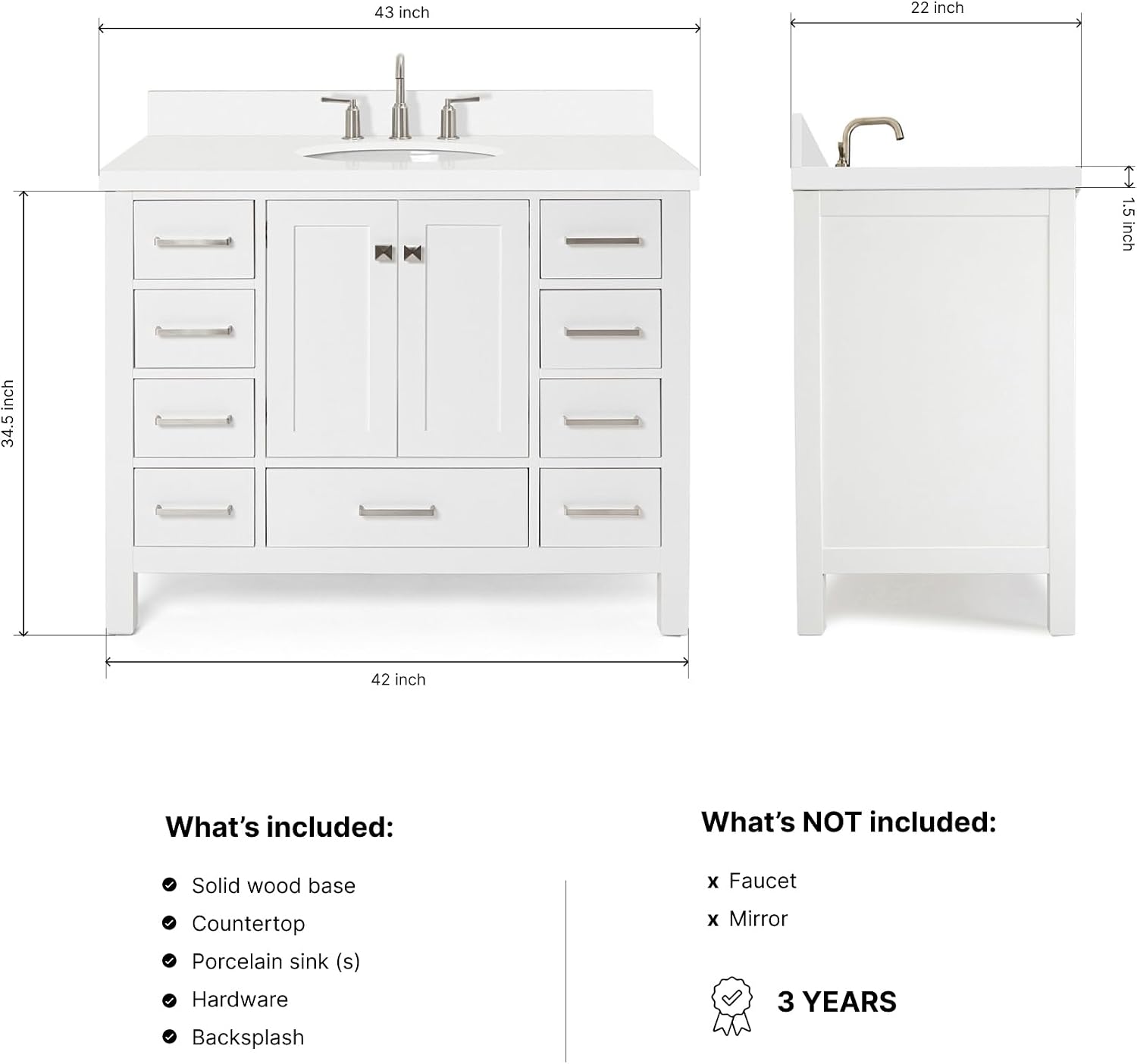 DKB Beckford 42-Inch White Bathroom Vanity with Sink, 1.5' Quartz Countertop & Backsplash, Undermount Oval Sink, 2 Soft Closing Doors & 9 Drawers, Satin Brass Hardware, Solid Wood Construction