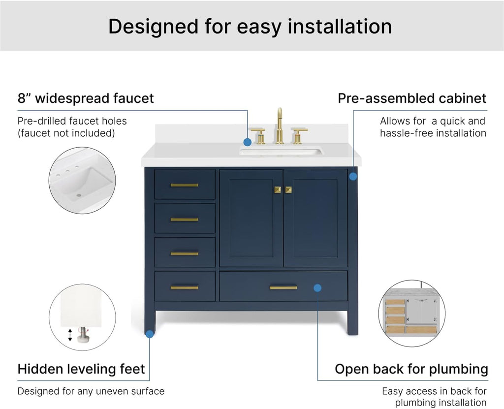 ARIEL Cambridge 42-inch Bathroom Vanity with Sink,Solid Wood, 1.5-inch Pure White Quartz Countertop, Single Rectangular Porcelain Sink, 2 Soft Closing Doors, 5 Dovetail Drawers, Midnight Blue