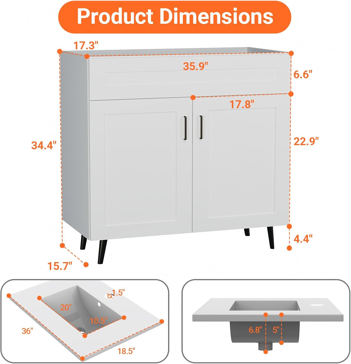 36 Inch Bathroom Vanity with Ceramic Sink - Modern Farmhouse Style Sink Cabinet, Easy Tool-Free Installation, for Bathroom Remodel and Upgrade (White)