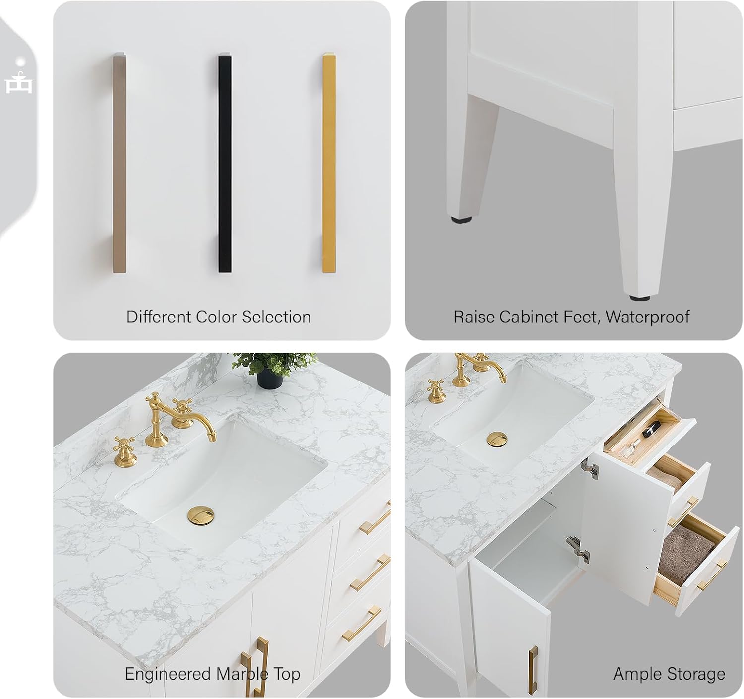 Vanity Art 42 inch Bathroom Vanity with Single Sink & Ceramic Top, Vanity Cabinet with Soft-Closing Doors, Drawers, Solid Wood Frame, White, Brushed Nickle Handware