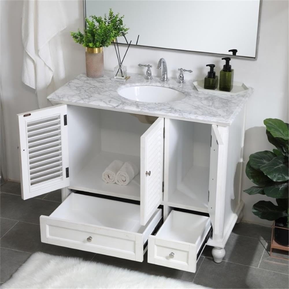 Pemberly Row 42' Single Bathroom Vanity, Antique White Finish, Solid Wood and MDF Base, Carrara White Marble Top, Porcelain Undermount Sink, 2 Drawers and 3 Doors, Freestanding for Bathroom Use