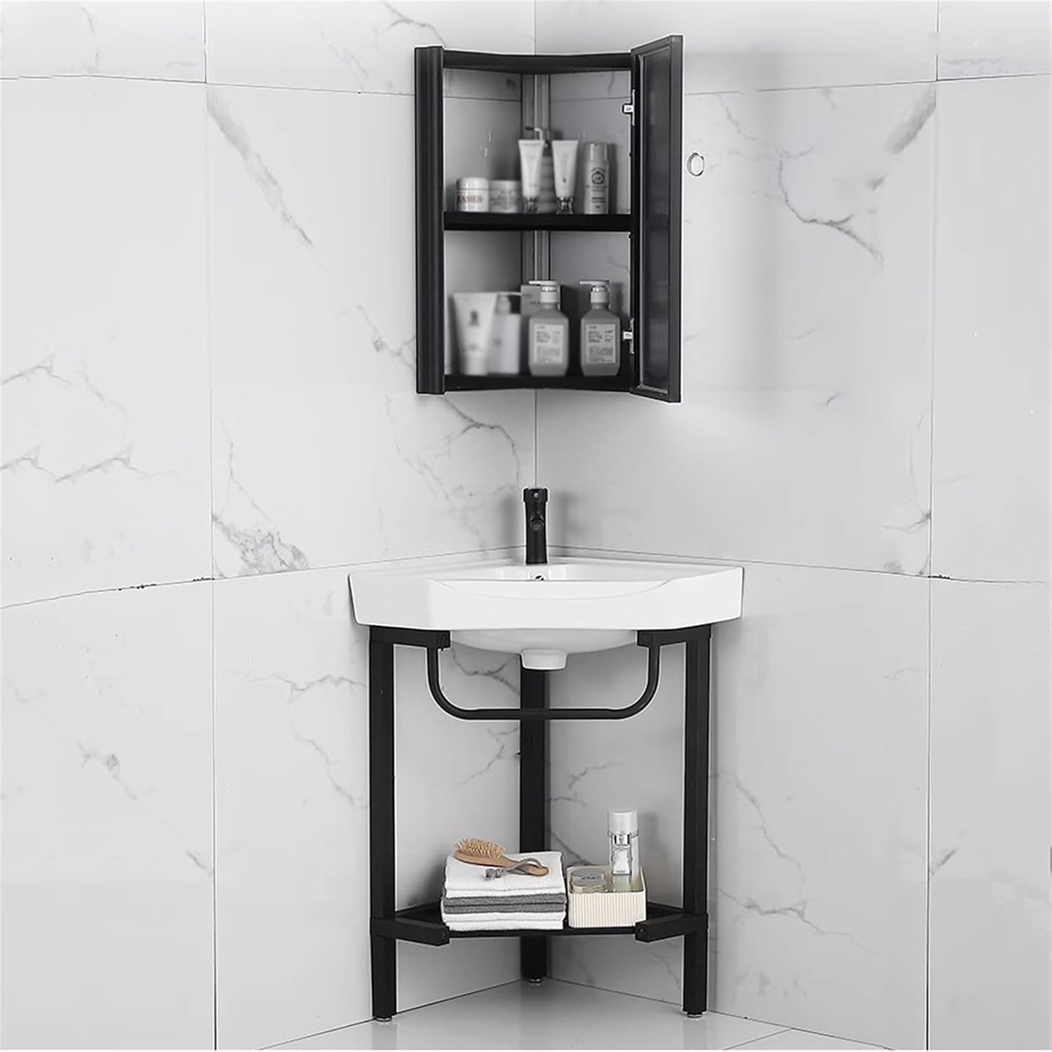 Wash Basin Sink Floor Standing Corner Bathroom Vanity Sink with Stainless Steel Storage Stand, Triangular Ceramic Basin Top Console Sink Freestanding Sink with Faucet & D(B 42CM)