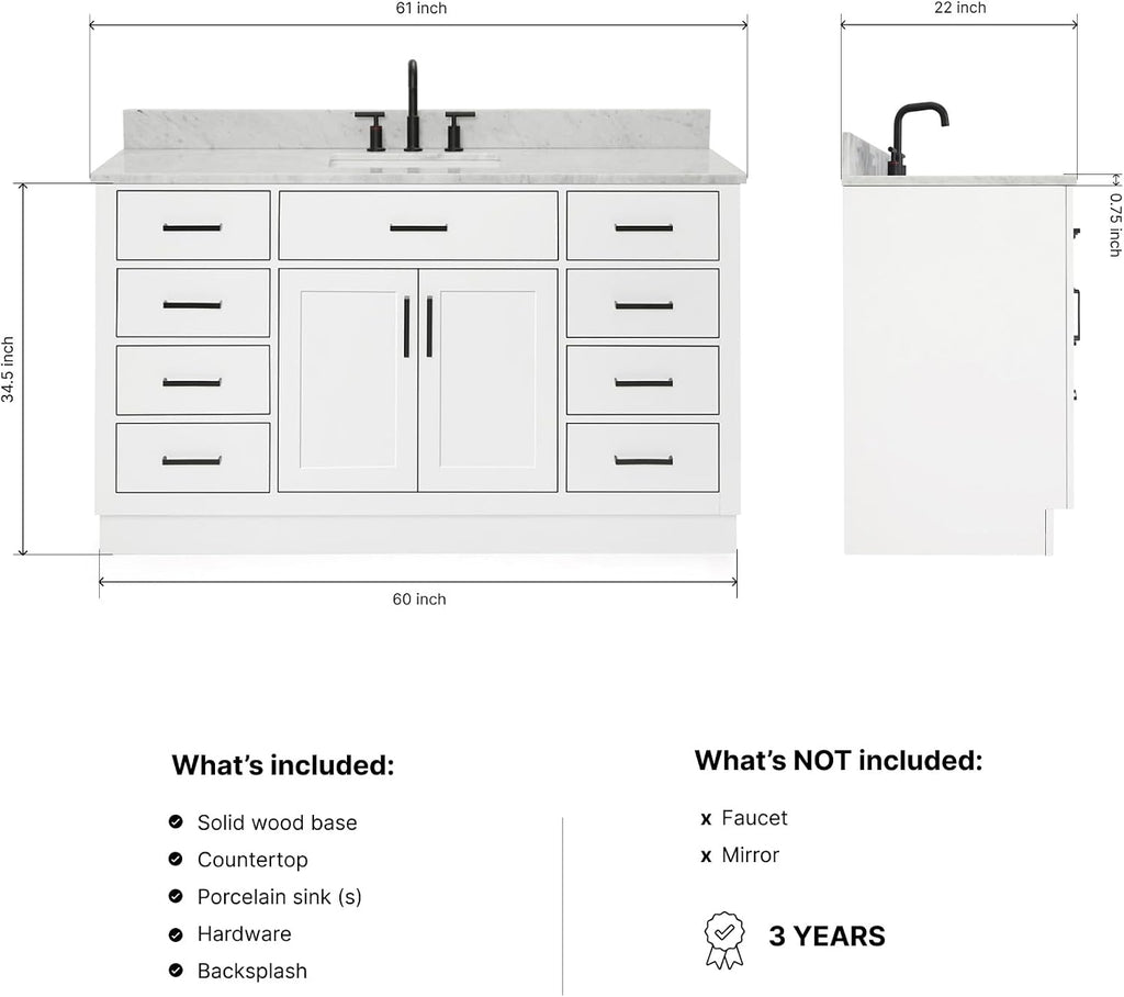 ARIEL Hepburn 60-inch Bathroom Vanity with Sink,Solid Wood, 0.75-inch Italian Carrara Marble Countertop, Single Rectangular Porcelain Sink, 2 Soft Closing Doors, 9 Dovetail Drawers, White