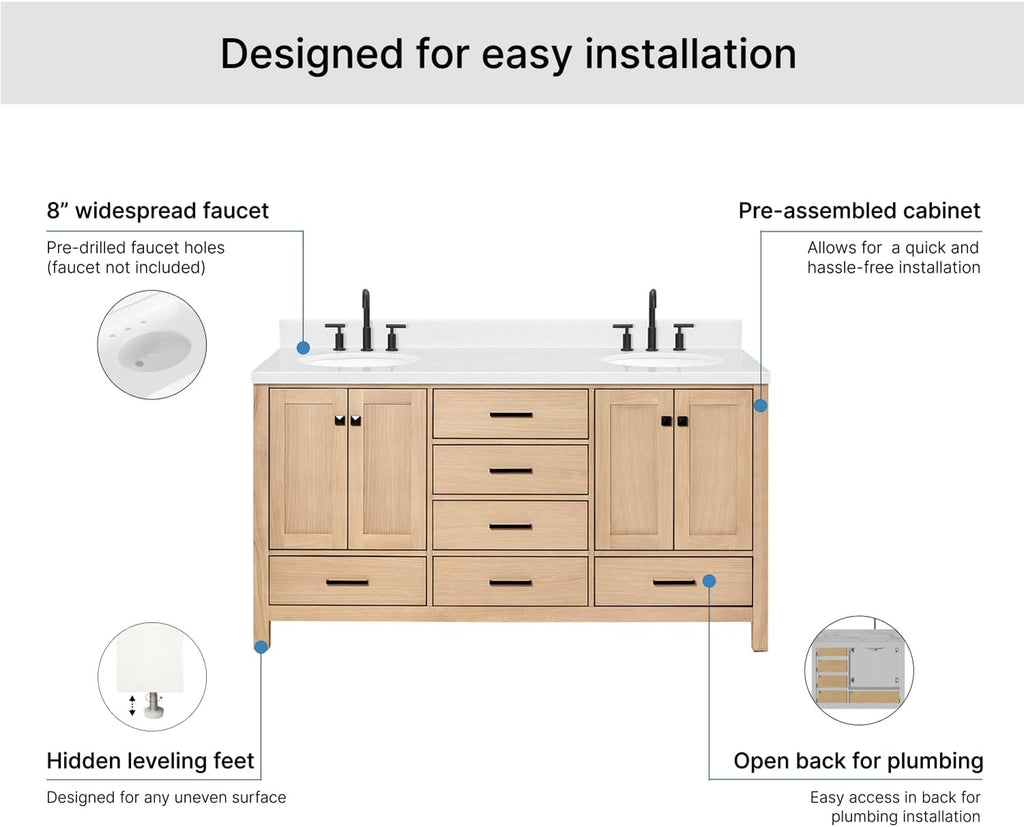 ARIEL Cambridge 66-inch Bathroom Vanity with Sink,Solid Wood, 1.5-inch Carrara White Quartz Countertop & Backsplash, Double Oval Porcelain Sink, 4 Soft Closing Doors, 6 Dovetail Drawers, White Oak
