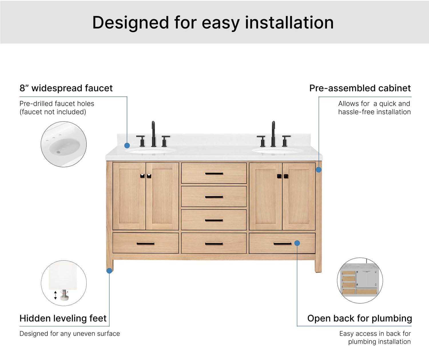 ARIEL Cambridge 66-inch Bathroom Vanity with Sink,Solid Wood, 1.5-inch Carrara White Quartz Countertop & Backsplash, Double Oval Porcelain Sink, 4 Soft Closing Doors, 6 Dovetail Drawers, White Oak