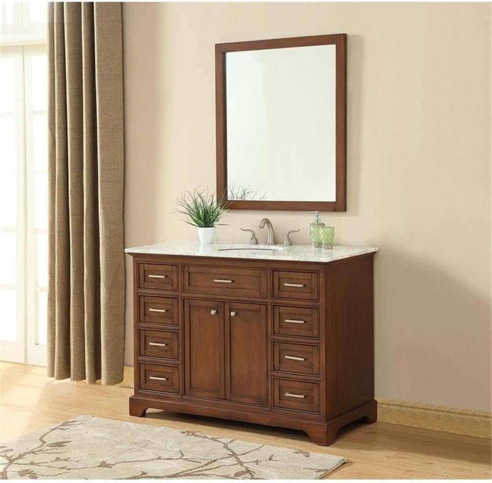 Pemberly Row Contemporary 48' Wood Single Bathroom Vanity, Brown Teak Finish, Italian Carrara Marble Top, Oval Porcelain Undermount Sink, Free-Standing Design, 8 Drawers, 2 Doors, Bathroom Essential