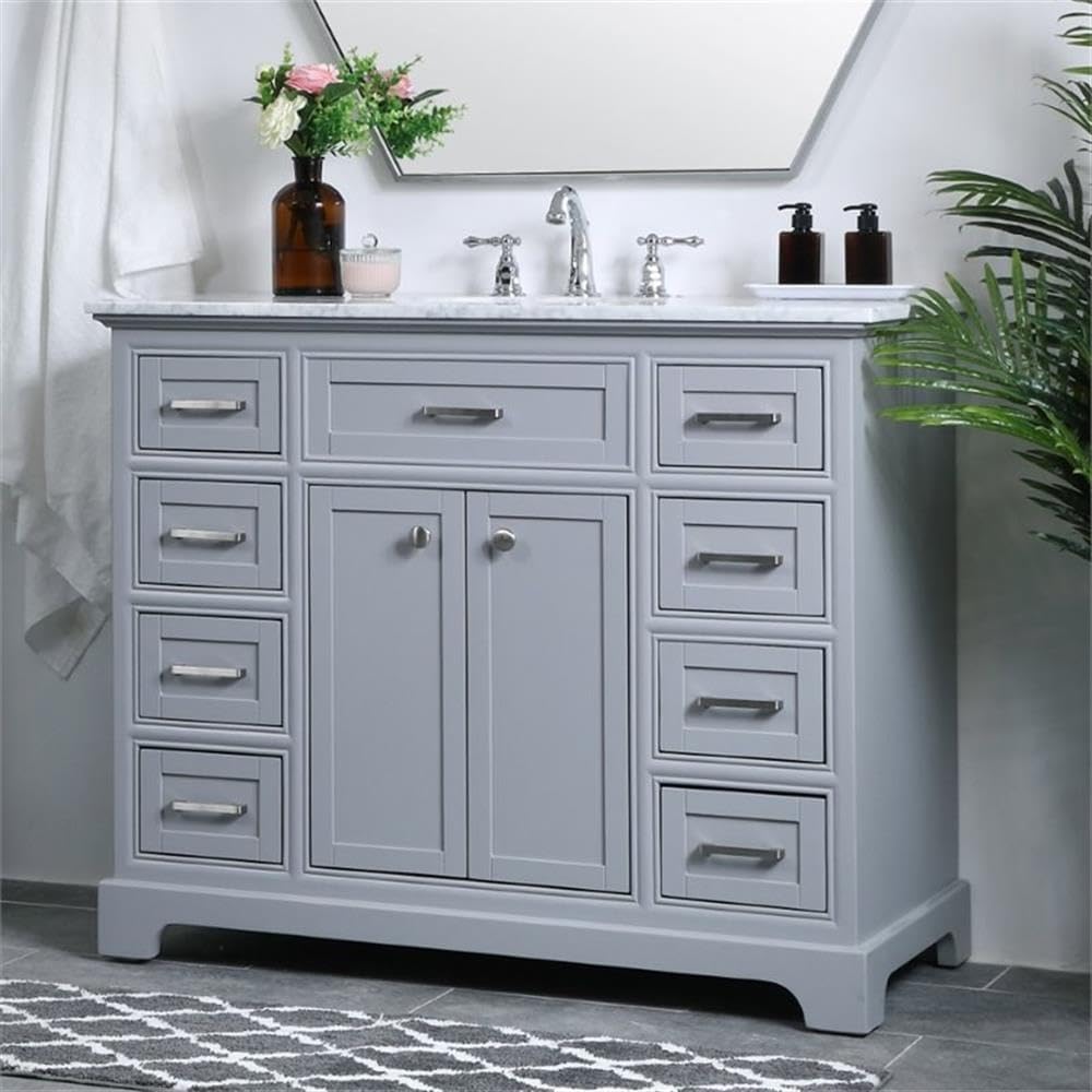 Pemberly Row 42' Single Bathroom Vanity, Solid Wood Base, Light Gray Finish, Carrara Marble Top, Undermount Porcelain Sink, 8 Drawers, 2 Door Cabinet, Free-Standing Design, Contemporary Style for