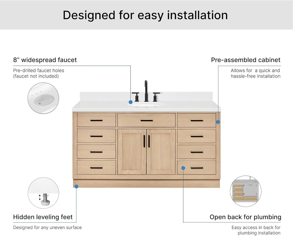 ARIEL Hepburn 66-inch Bathroom Vanity with Sink,Solid Wood, 1.5-inch Carrara White Quartz Countertop & Backsplash, Single Oval Porcelain Sink, 2 Soft Closing Doors, 9 Dovetail Drawers, White Oak